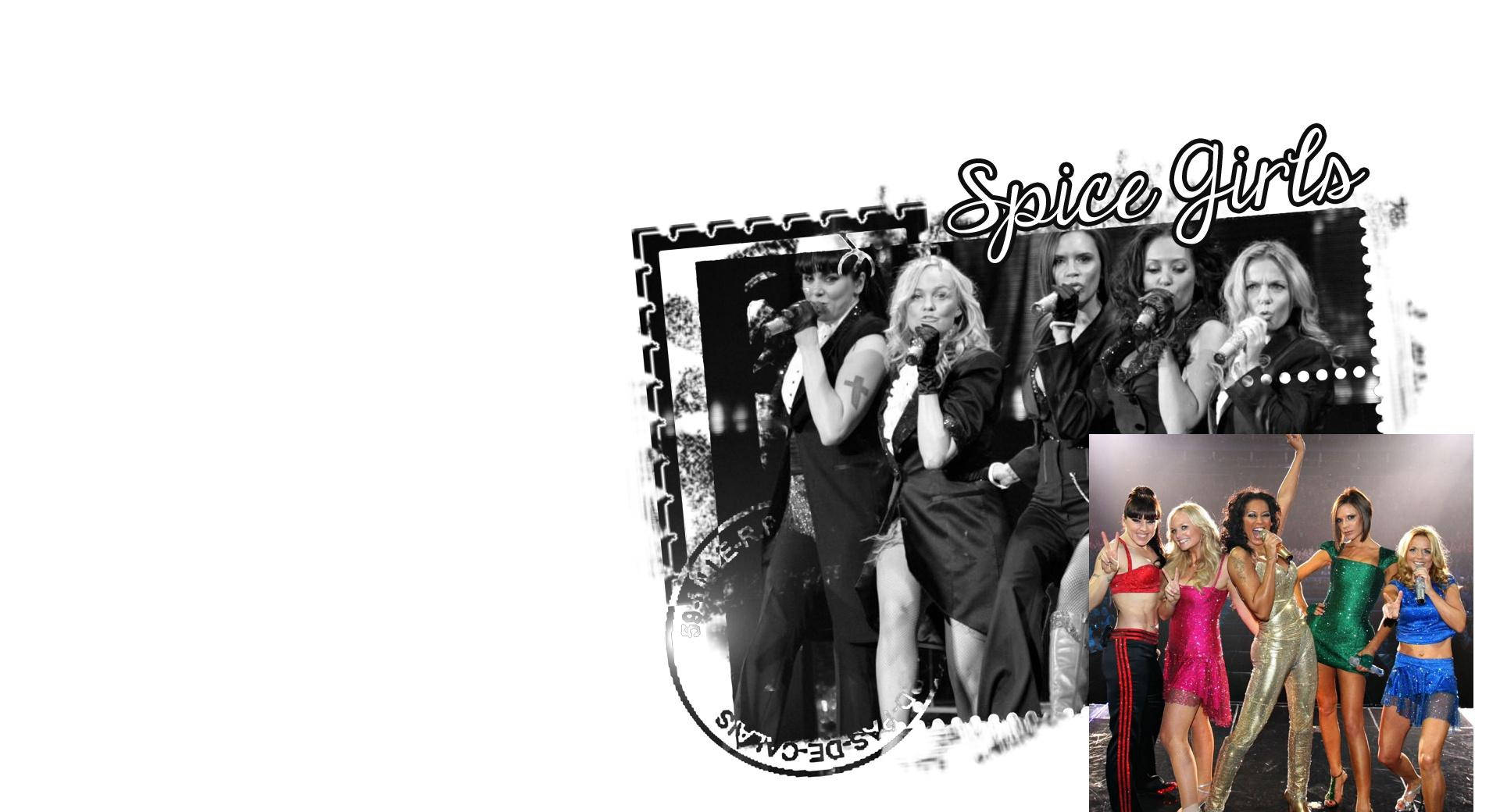 Spice Girls 在拼貼畫中以色彩繽紛的舞台服裝表演和擺姿勢。
