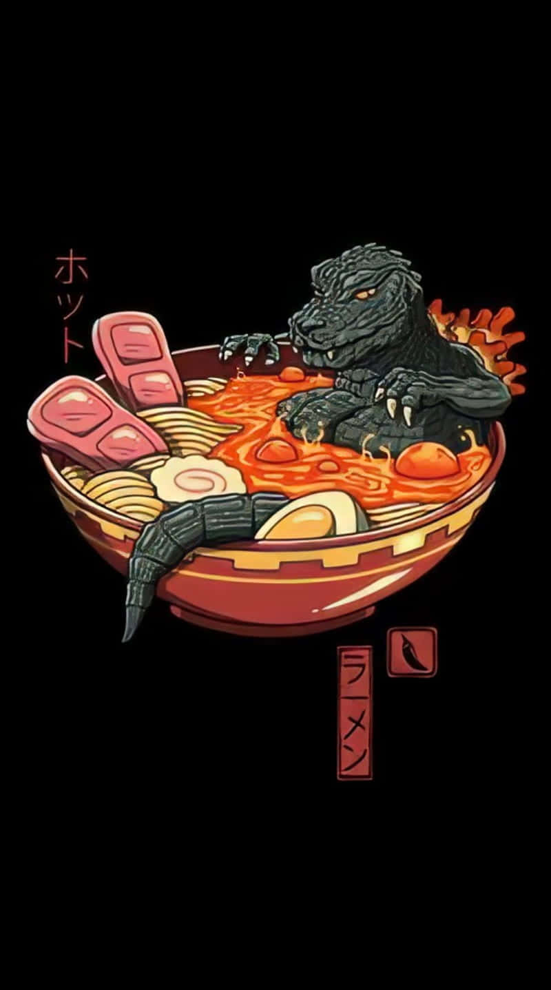 辣熔岩拉麵王貼紙 壁紙 — 卡通風格的哥斯拉從一碗冒著熱氣的拉麵中出現，搭配筷子及辛辣文字點綴。