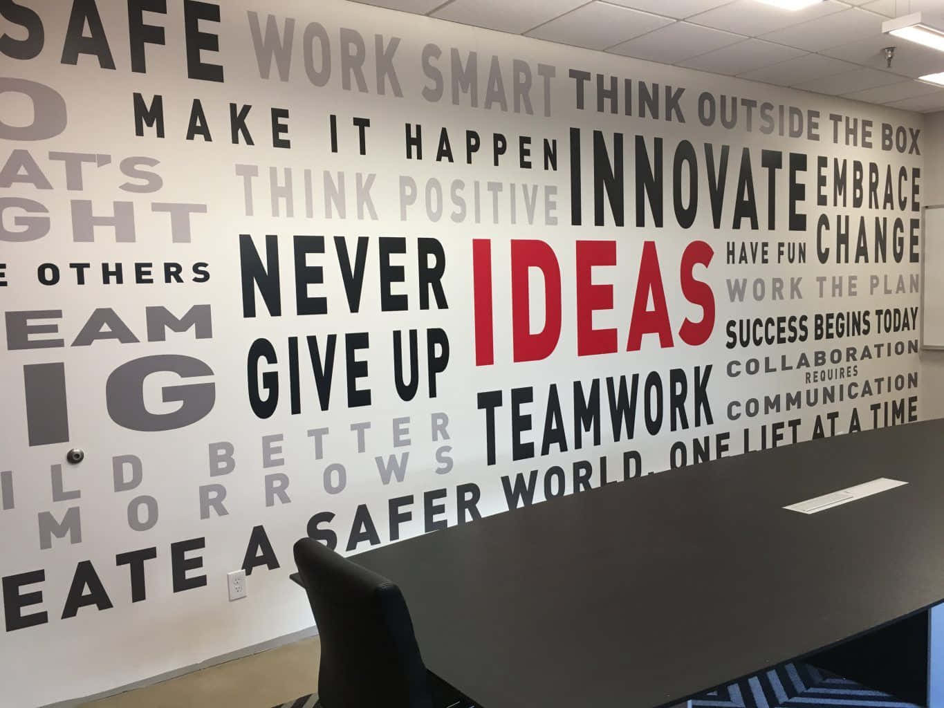 HD Office Background Motivational Words 壁紙 — 辦公室內的一面勵志詞語牆，上面有「IDEAS」紅色字樣和「TEAMWORK」粗體黑色字母等短語。