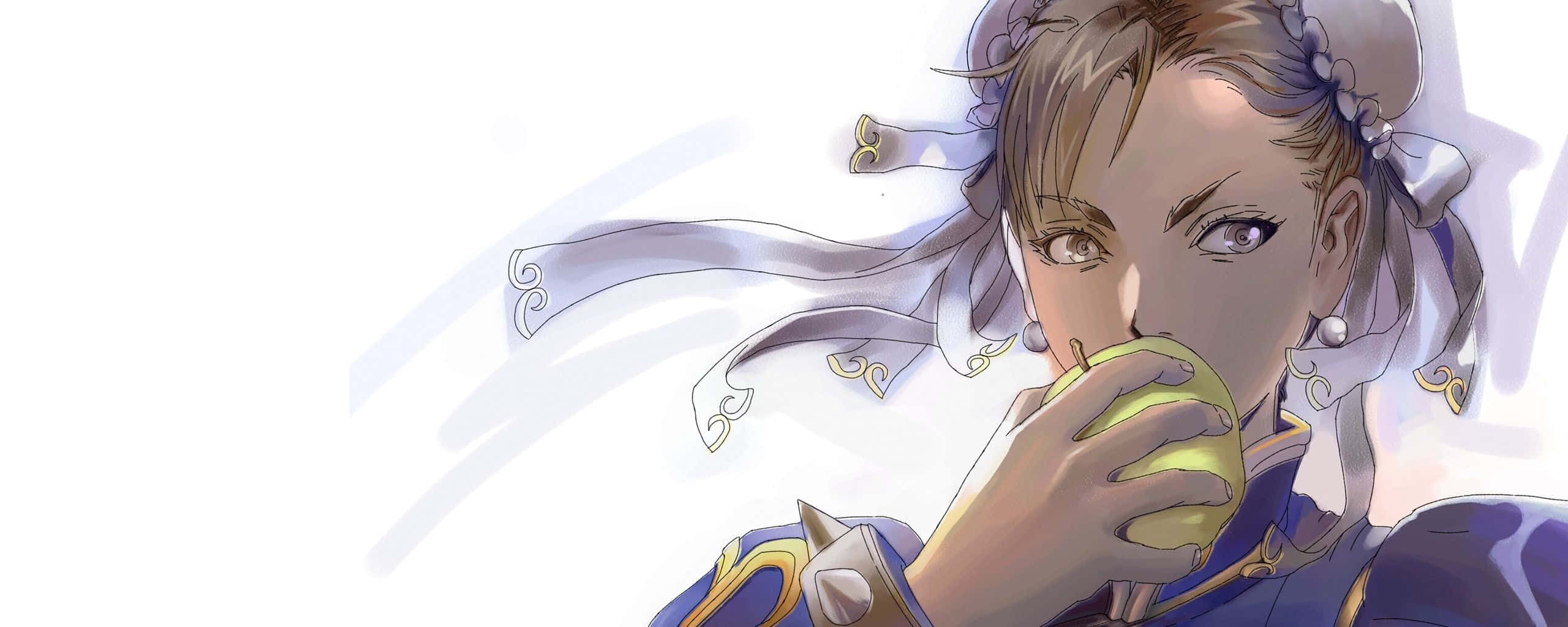 Street Fighter Characters 桌布 壁紙 — 辮子動漫女孩在柔和的白色背景前，從發光的黃色杯子中啜飲。