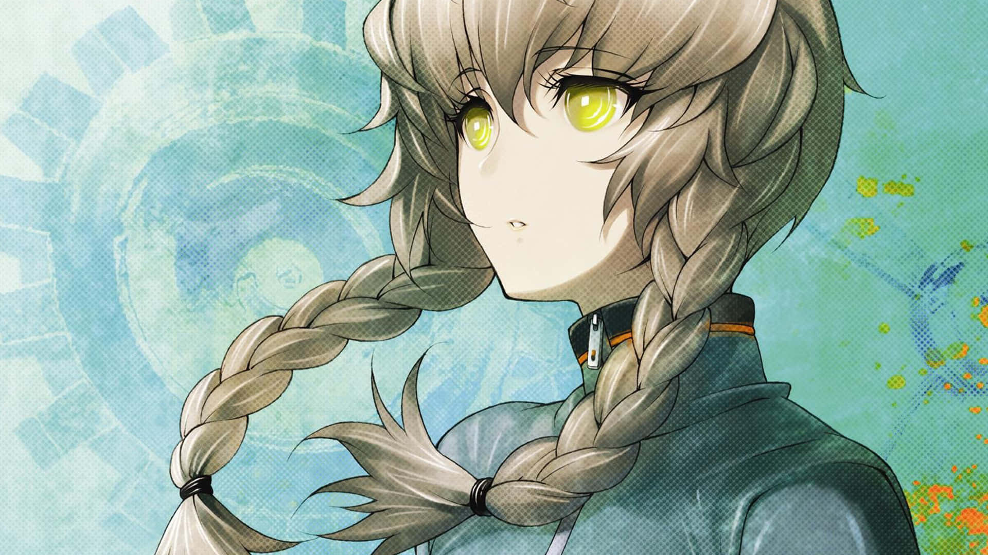 Suzuha Amane 桌布 壁紙 — 辮子頭髮、發光綠色眼睛的動漫女孩，在藍色抽象背景前溫柔地凝視。