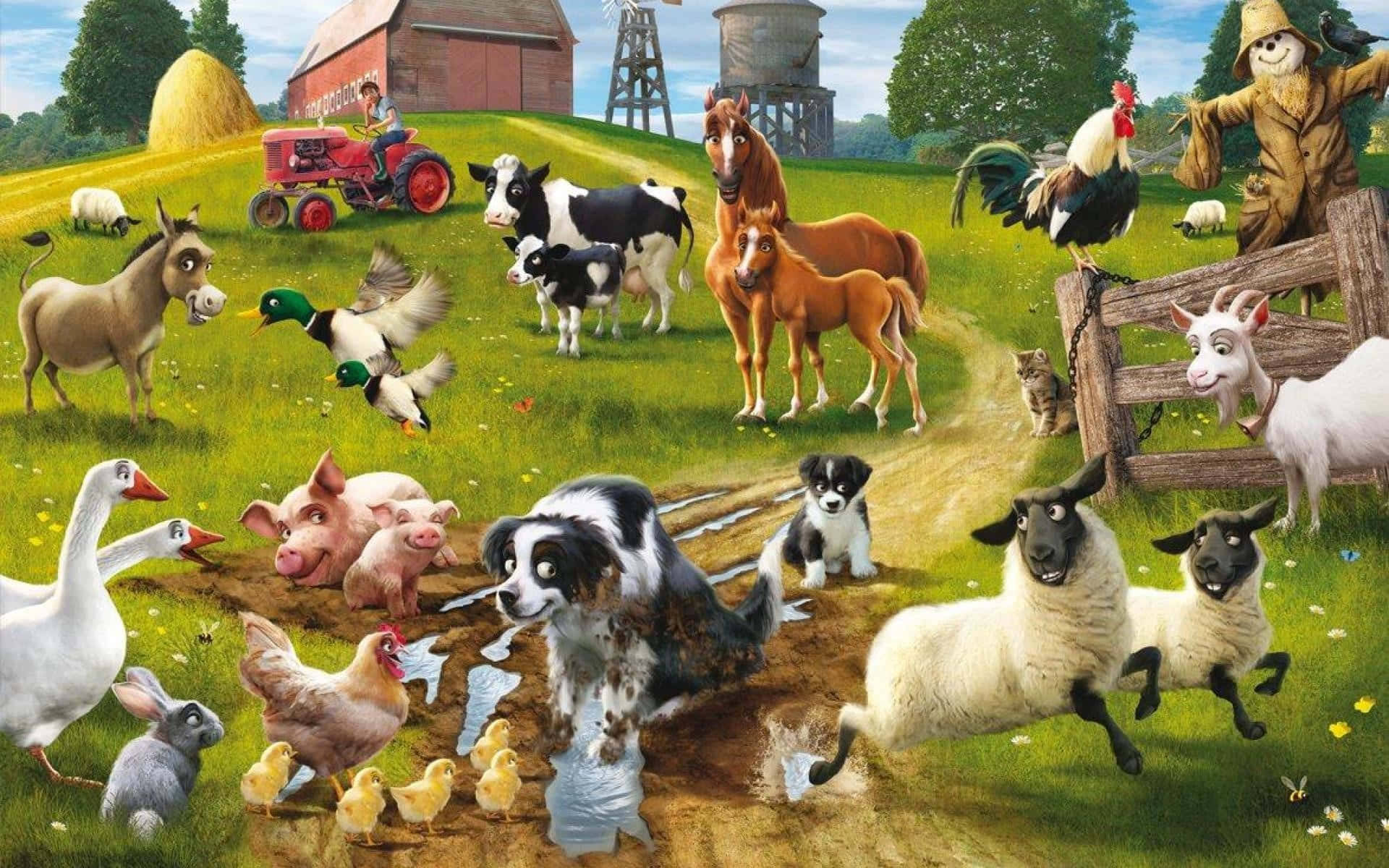 農場上的歡樂時光 壁紙 — 一個生動的農場場景，有卡通動物如羊、豬和狗在明亮的藍天下，在拖拉機和稻草人附近玩耍。