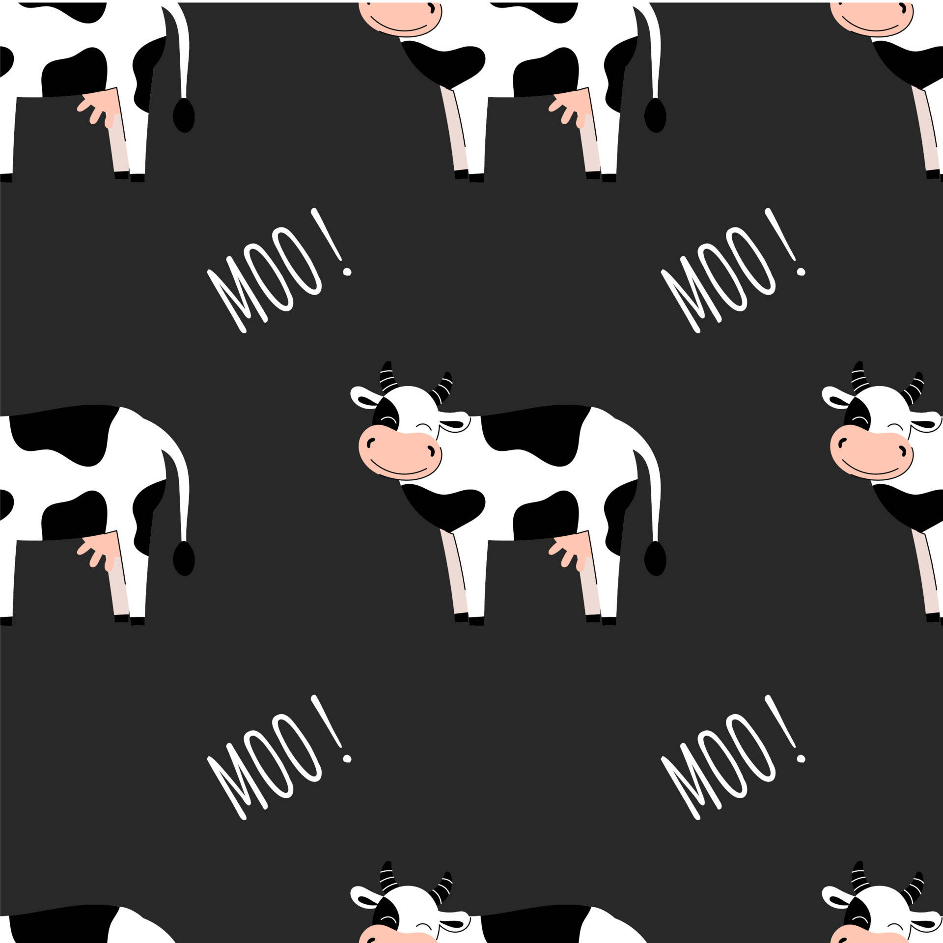 黑白卡通牛，有粉紅色鼻子和「MOO！」文字，在灰色背景上。