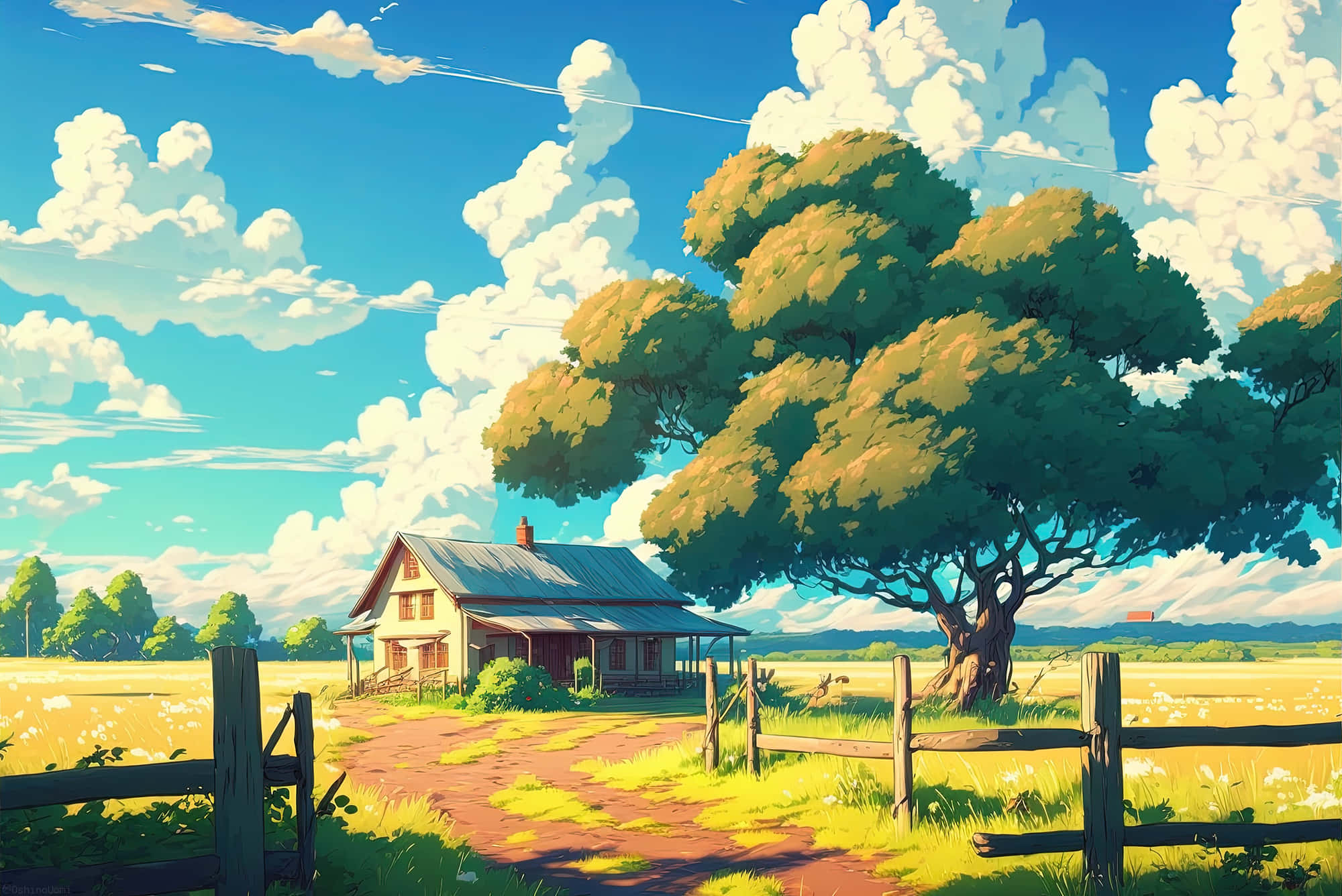 農場風景 壁紙 — 一間質樸的木屋坐落在一棵巨樹下，陽光普照的田野上，上方有蓬鬆的雲朵。