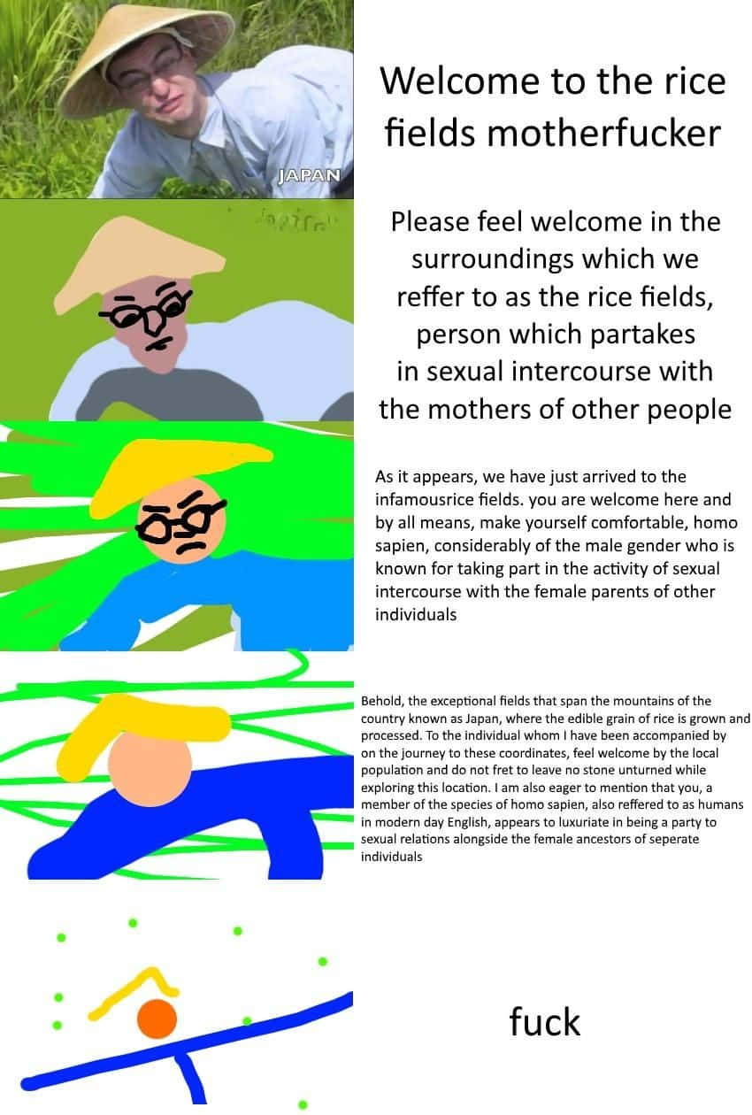 農夫搞笑畫 Dank Memes 圖片 壁紙 — 一個四格漫畫，有一個戴草帽和眼鏡的男人，從照片過渡到卡通風格，帶有關於稻田和性內容的粗俗文字。