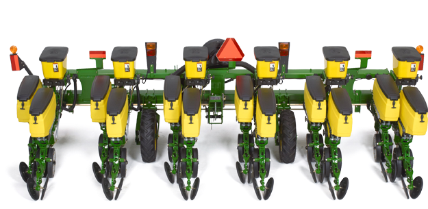 農業種子播種機 壁紙 — 一部綠色和黃色的 John Deere 播種機，帶有多個種子料斗，立在白色背景上。