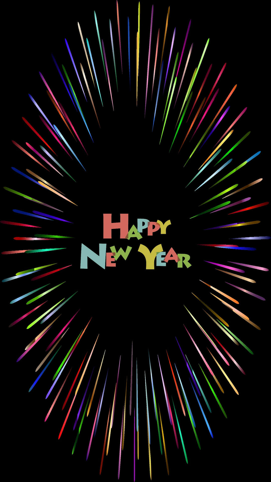 彩色煙火在黑色背景上的「Happy New Year」文字周圍綻放。