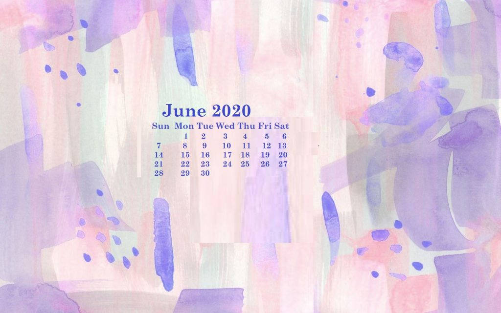 2020年6月日曆，置於粉彩水彩抽象背景上。
