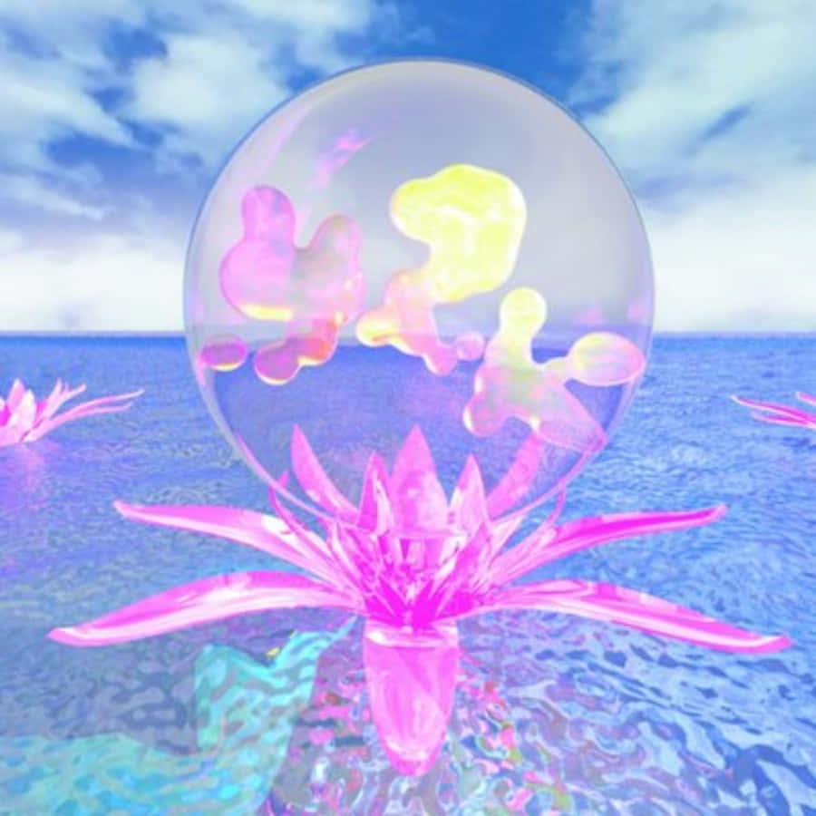 迎接2020夏日Y2K風格 壁紙 — 一朵發光的粉紅色蓮花在一個包含漂浮粉彩形狀的氣泡下綻放，背景是藍天和海洋。