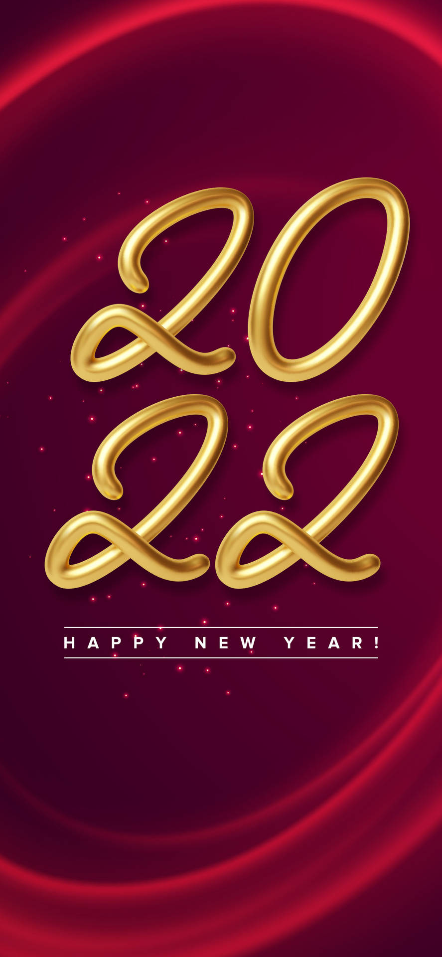 紅色漩渦背景上嘅金色2022字樣，帶有閃爍同Happy New Year訊息。