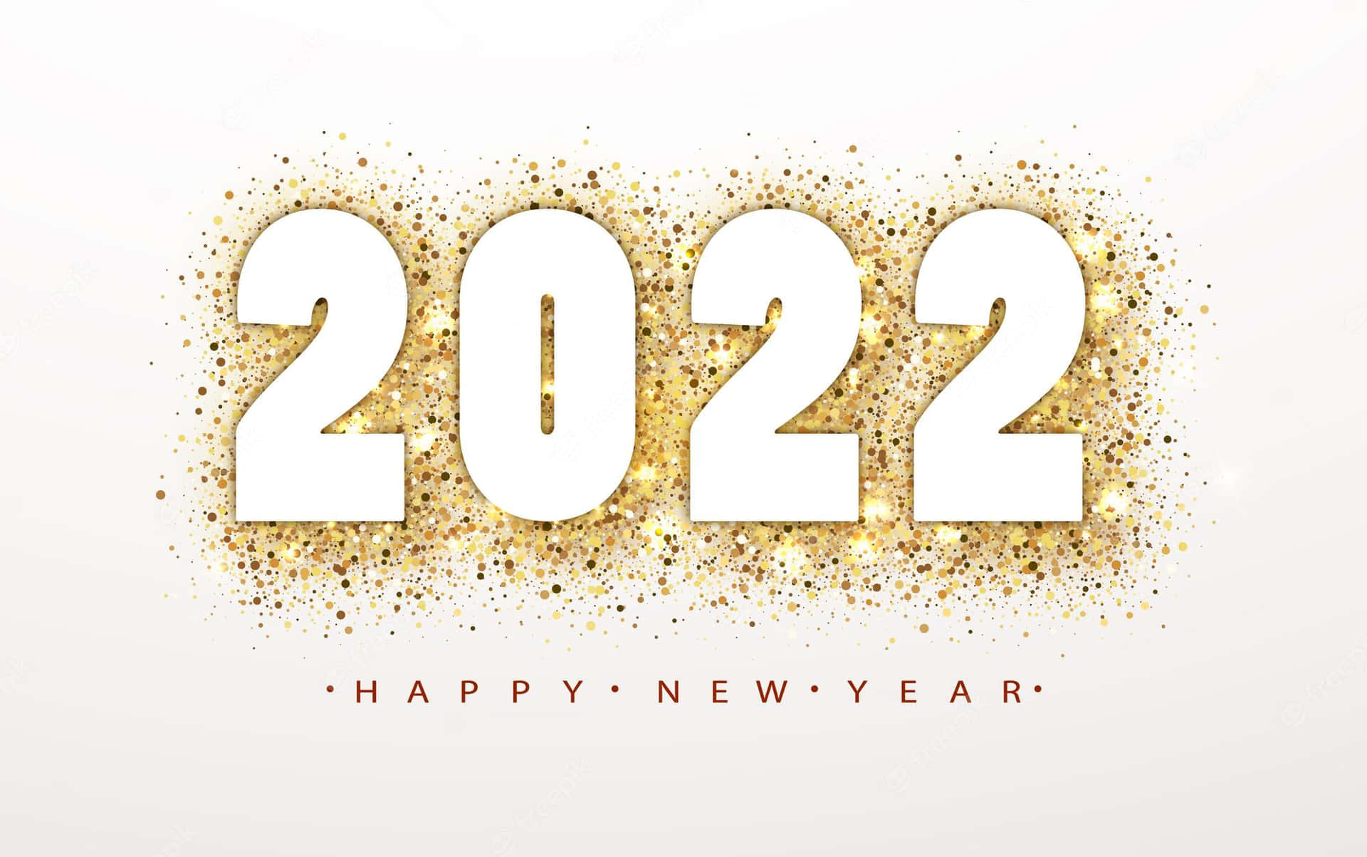 閃爍金色閃粉包圍粗體白色2022文字，下方有紅色Happy New Year。