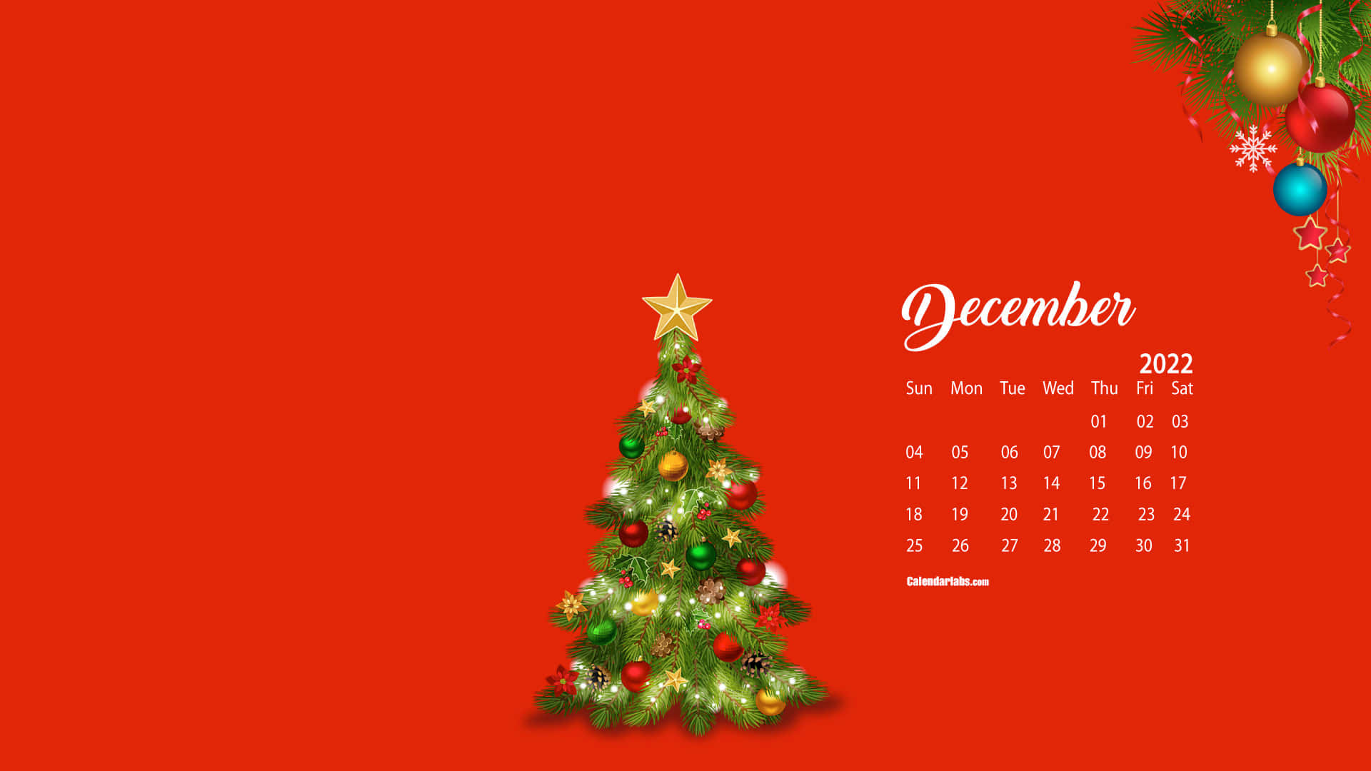 一棵裝飾好的聖誕樹，附有2022年12月的日曆，背景為紅色。
