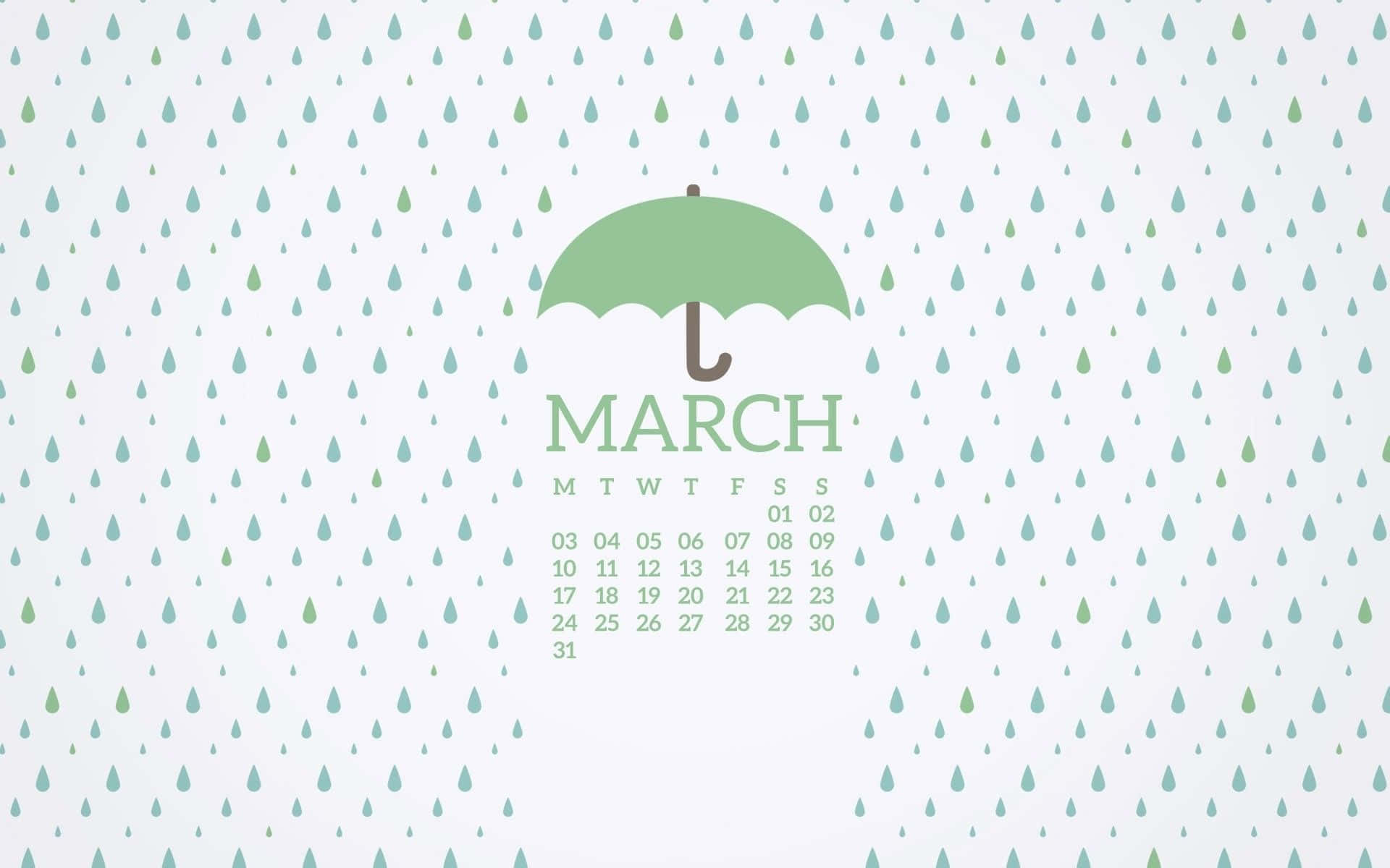 3月日曆，帶有綠色雨傘和雨滴背景。