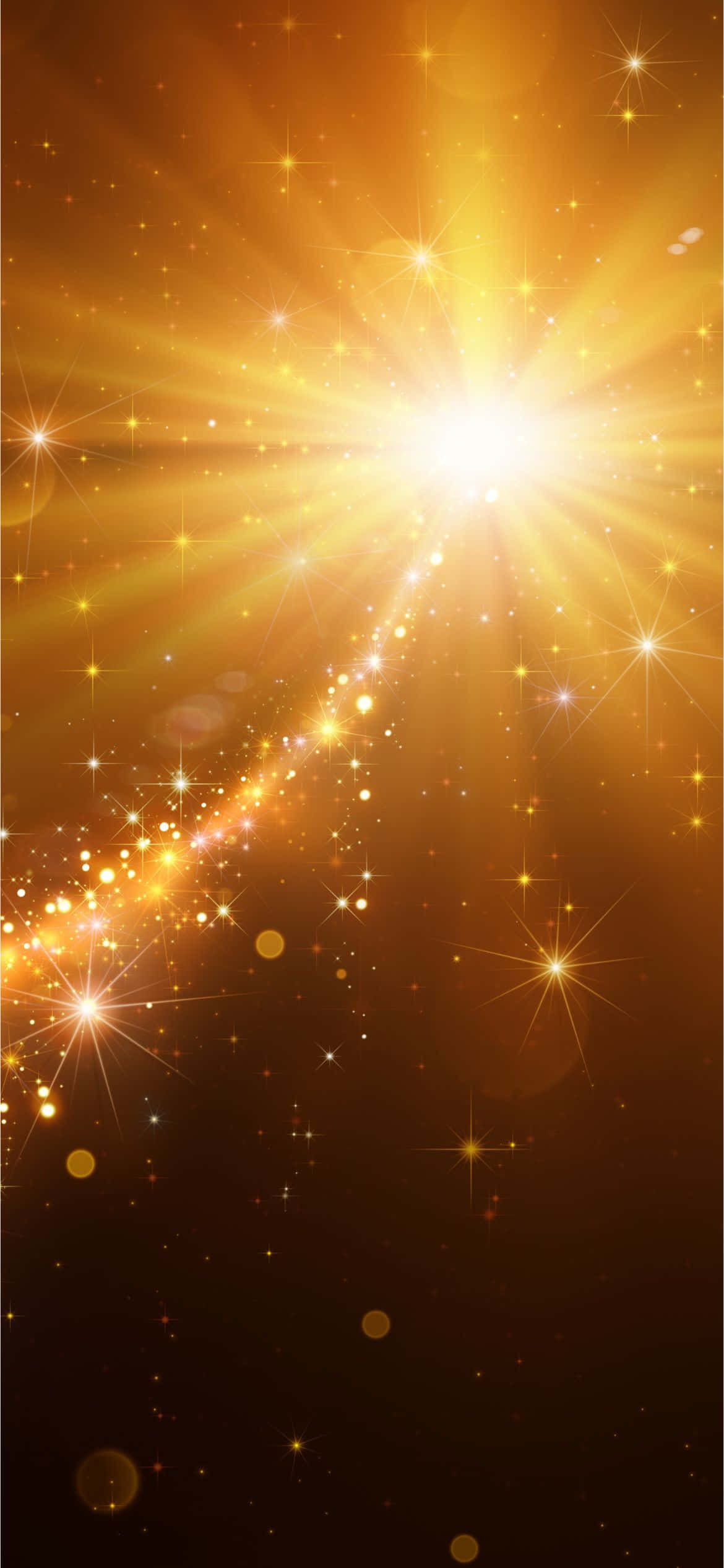 金色太陽爆發，帶有閃爍星星和發光粒子，深色背景