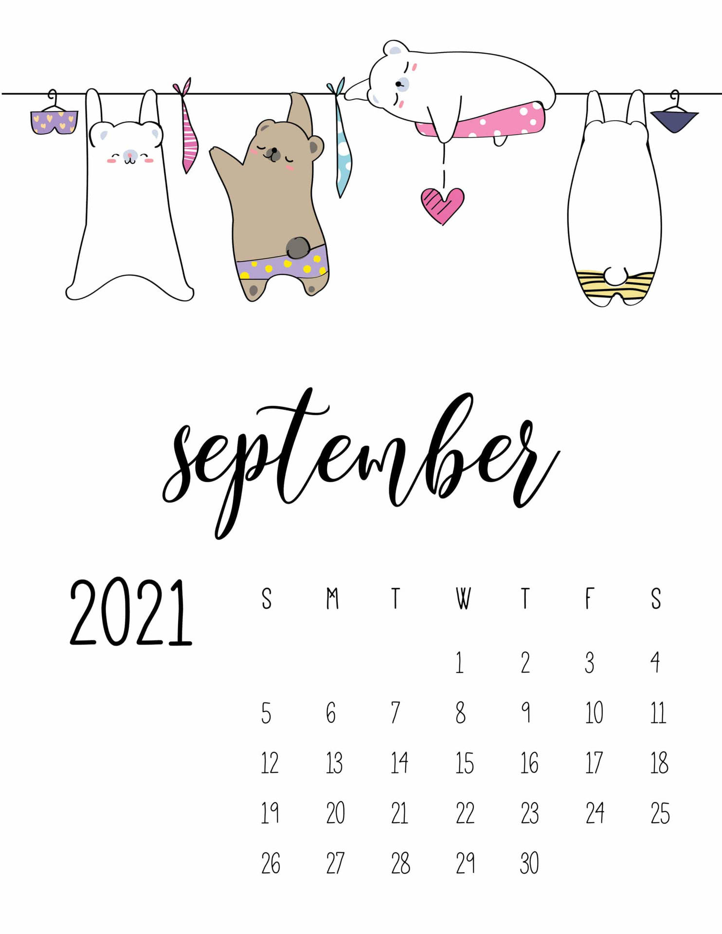 2021年9月日曆，卡通動物在晾衣繩上晾曬衣物。