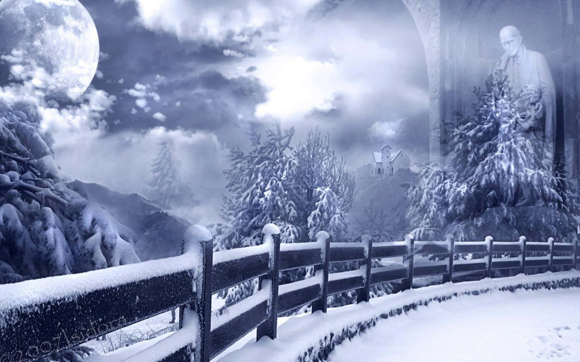 迎接冬季，盡情享受！ 壁紙 — 滿月下的雪地冬日景觀，一條被雪覆蓋的籬笆通向遠方的教堂，拱門中有一個幽靈般的身影。