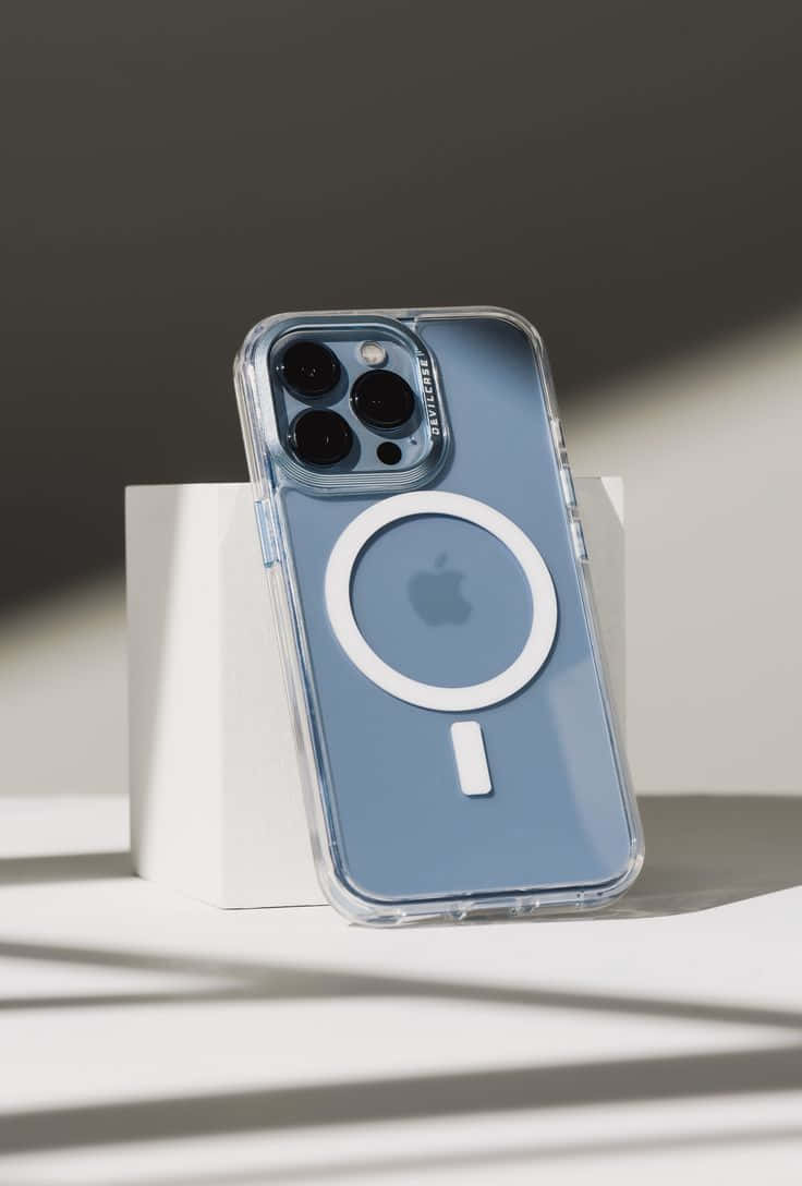 迎接智慧手機科技的未來：全新 iPhone 12 壁紙 — 一部時尚的藍色iPhone配透明磁吸保護殼，放置在白色底座上，柔和自然光投射出幾何陰影。