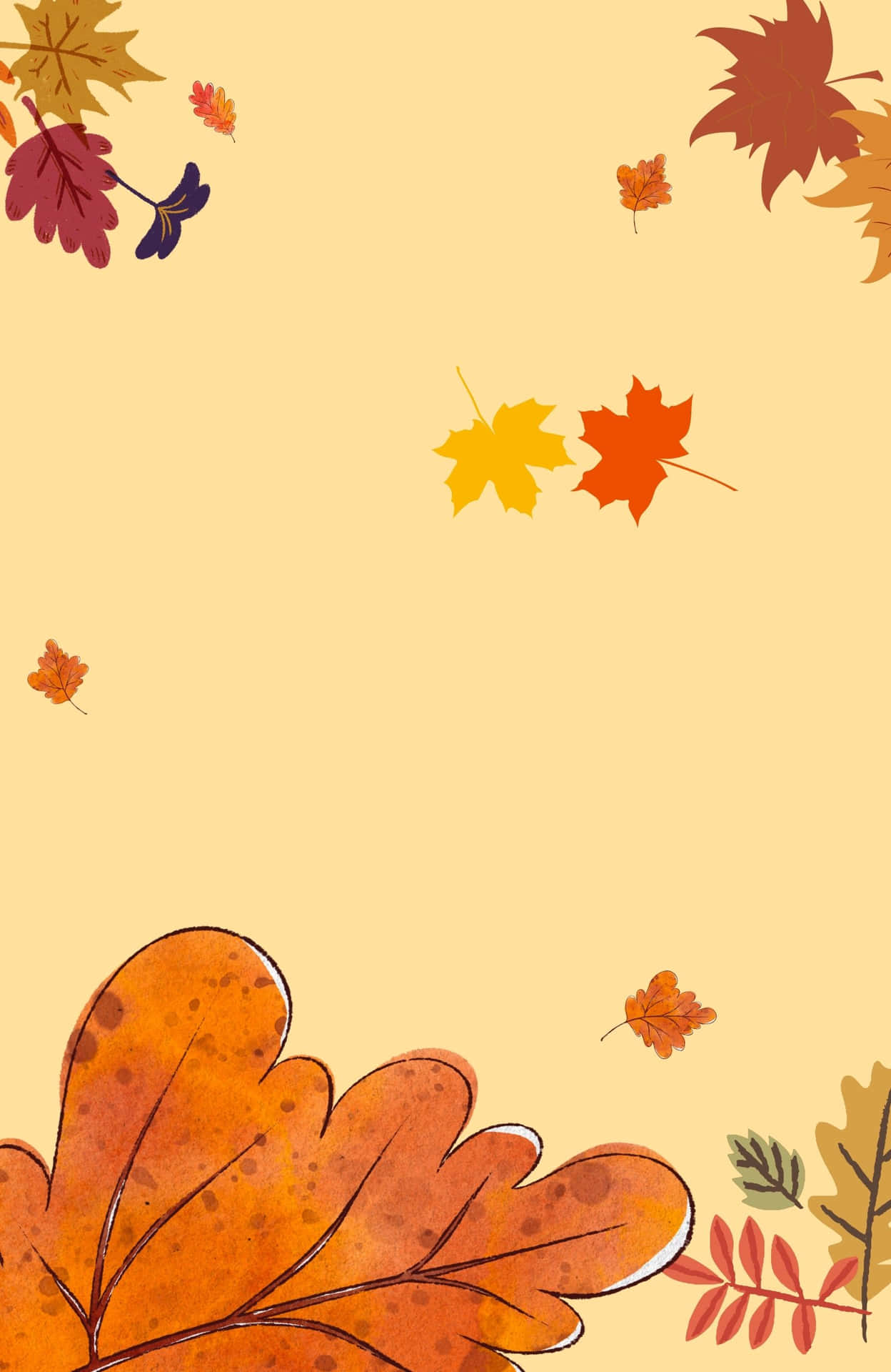 橙色、黃色和紅色的秋葉漂浮在米色水彩背景上。