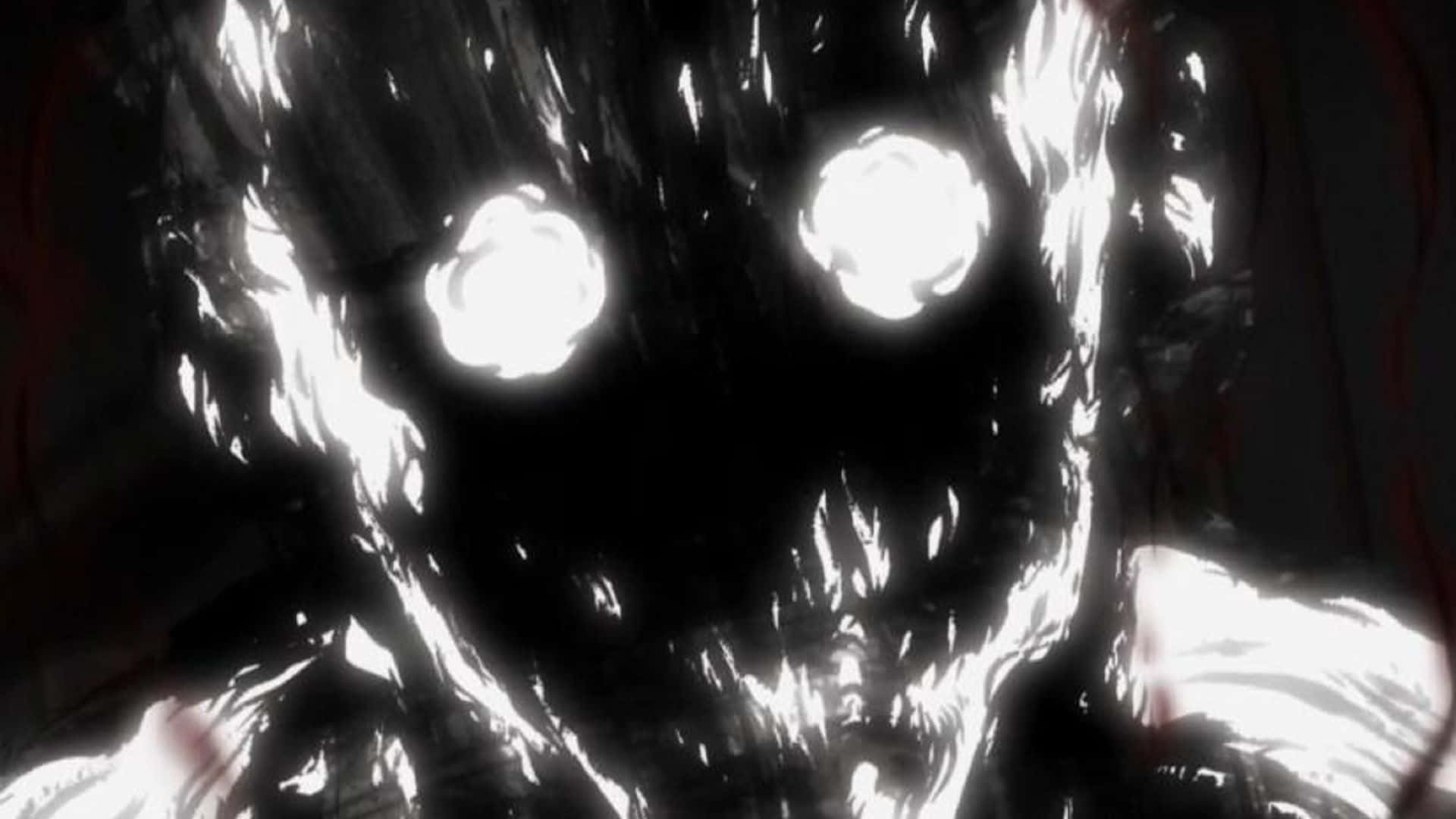 「迎難而上——帥氣動漫英雄」 壁紙 — 一隻帶有發光白色眼睛和鋸齒狀特徵的威脅性黑白動漫怪物，正強烈地凝視著。