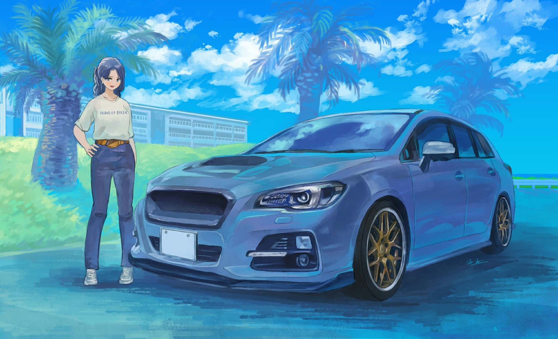 近距離感受動漫風格的賽車快感 壁紙 — 一位年輕女性自信地站在一輛定製的藍色Subaru掀背車旁，背景是明亮的藍天和棕櫚樹。