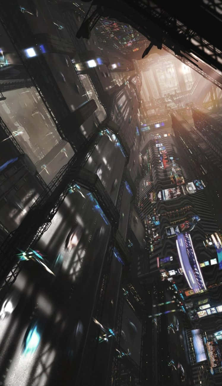 未來城市，擁有高聳的建築和夜晚發光的燈光。