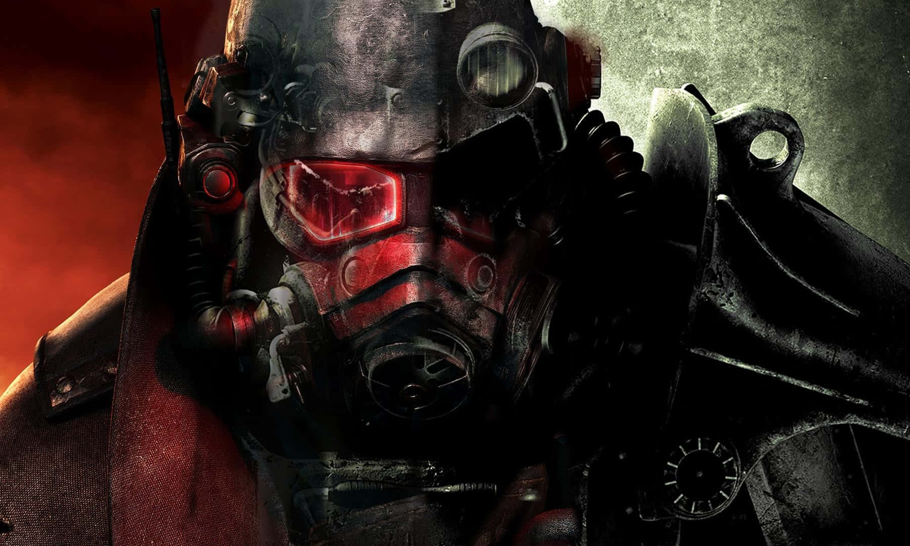 Fallout 4 Power Armor 桌布 壁紙 — 近距離拍攝一件骯髒的末日後動力裝甲服，配備發光紅色面罩，背景是火橙色和煙灰色。