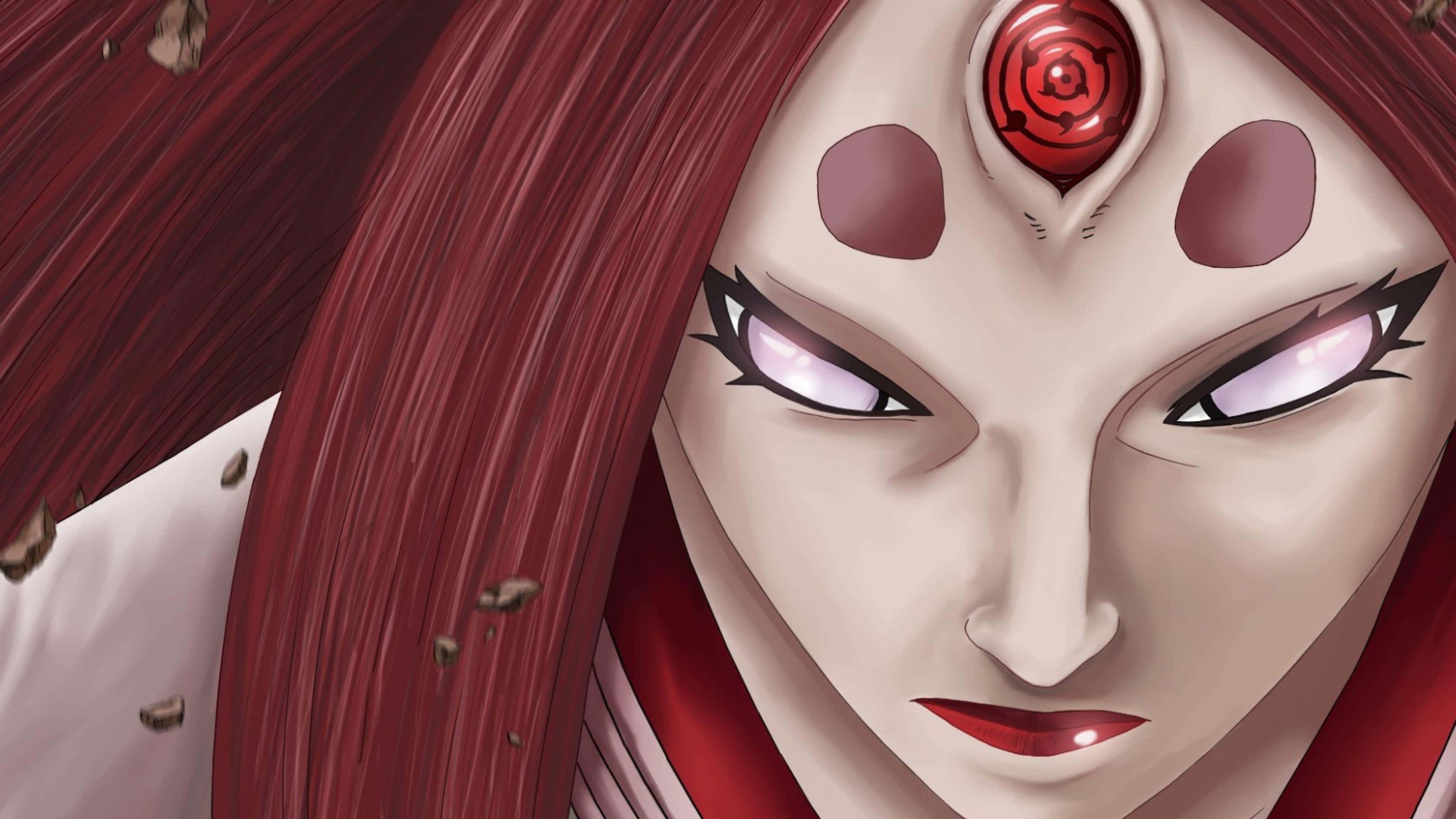 Kaguya Otsutsuki 桌布 壁紙 — 近距離拍攝一位兇猛嘅動漫女性，紅色頭髮，額頭上有一個發光嘅紅色螺旋標記。