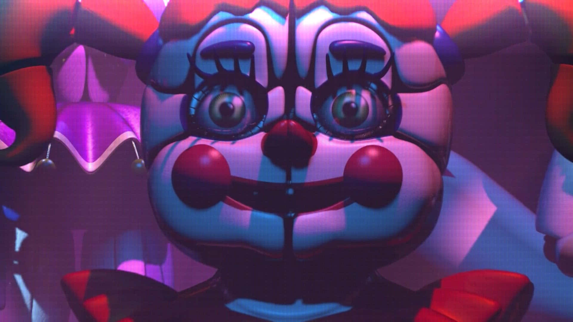 Fnaf Sister Location 桌布 壁紙 — 近距離拍攝一個帶有發光眼睛和滴著紅色鼻子的威脅性電子動畫小丑，在霓虹紫色和藍色燈光下。