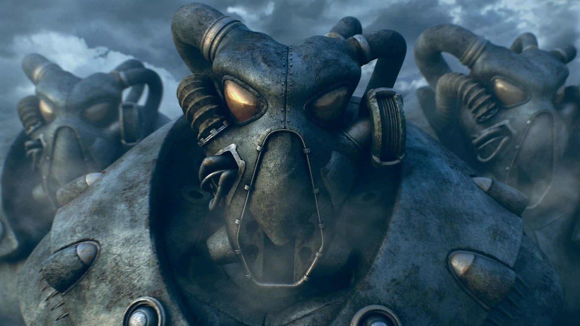 Fallout 4 Power Armor 桌布 壁紙 — 近距離拍攝一個帶有發光眼睛和防毒面具的威脅性裝甲人物，站在風暴般的反烏托邦景觀中。