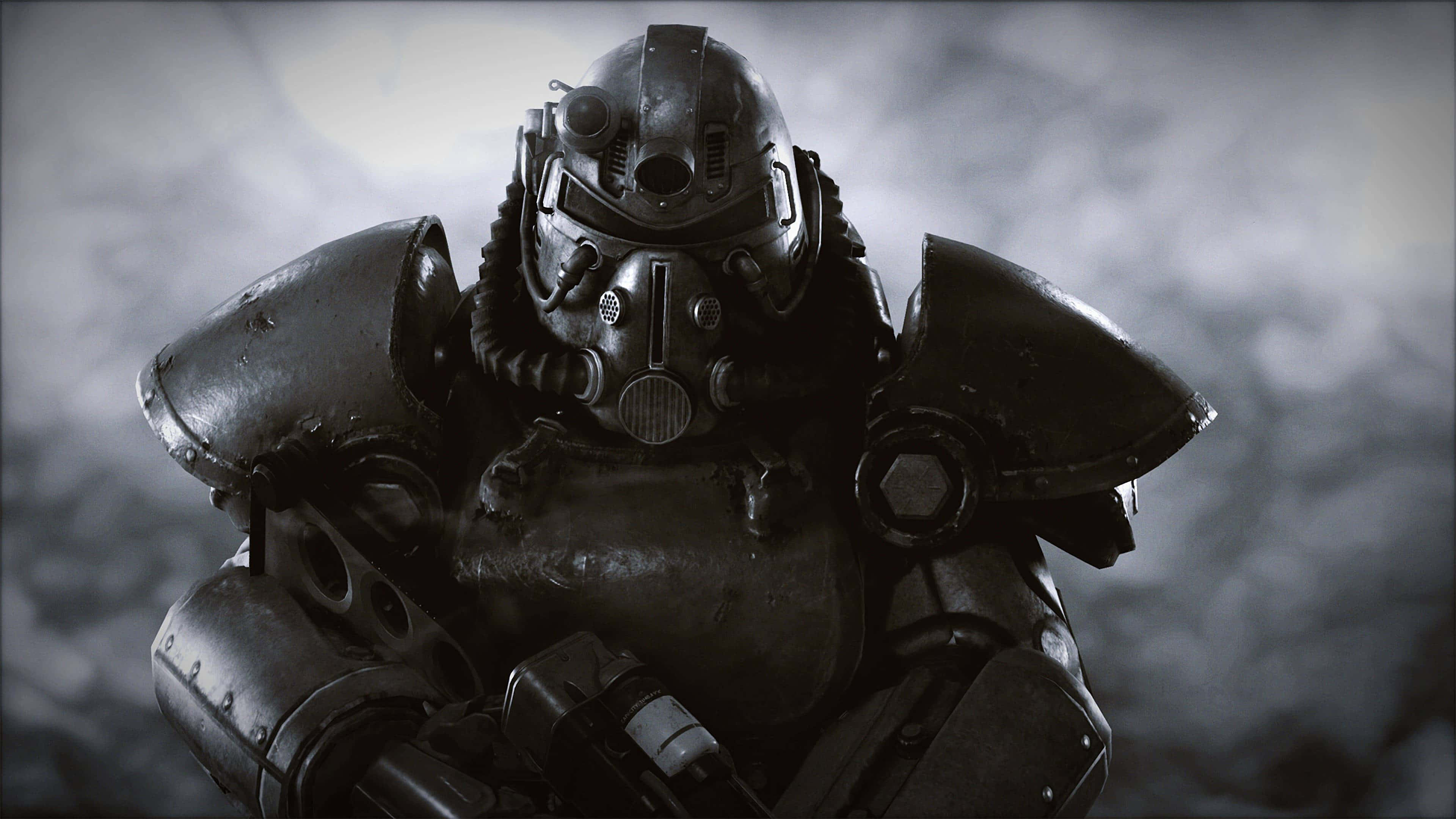 Fallout 4 Power Armor 桌布 壁紙 — 近距離拍攝一套重裝動力裝甲服，配有頭盔和呼吸裝置，背景為煙灰色。