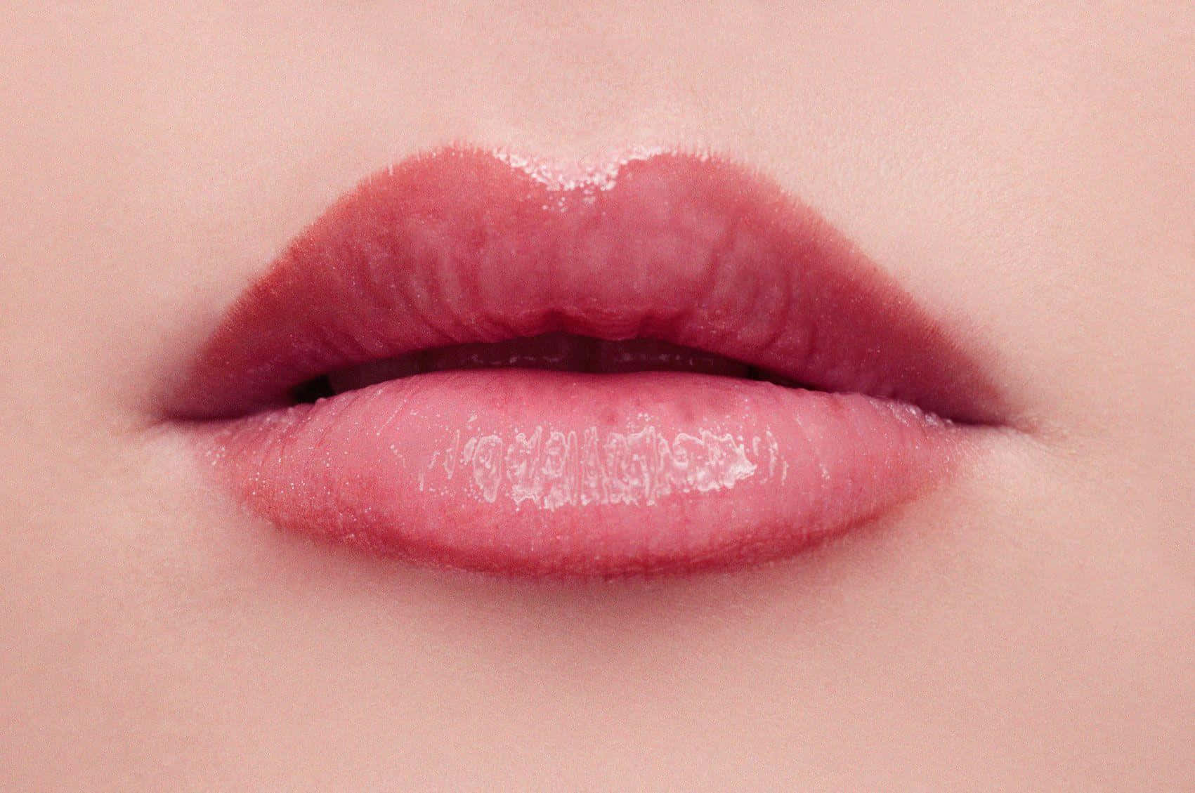 lips 桌布 壁紙 — 近距離拍攝柔軟粉紅嘴唇，帶有光澤和細微紋理，襯托蒼白肌膚。