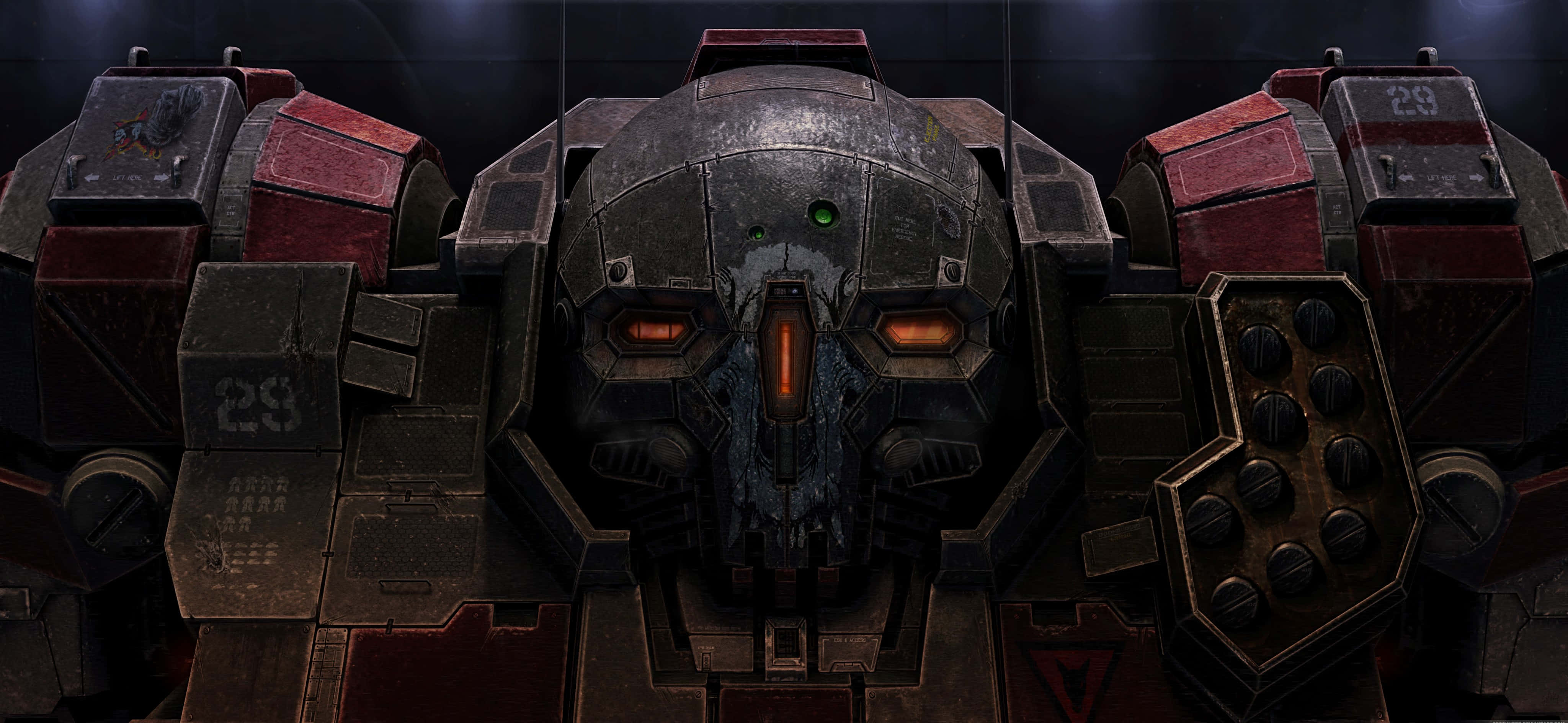 Battletech 桌布 壁紙 — 近距離拍攝的重型裝甲機甲，帶有發光的橙色眼睛和綠色感應燈，背景為深色。