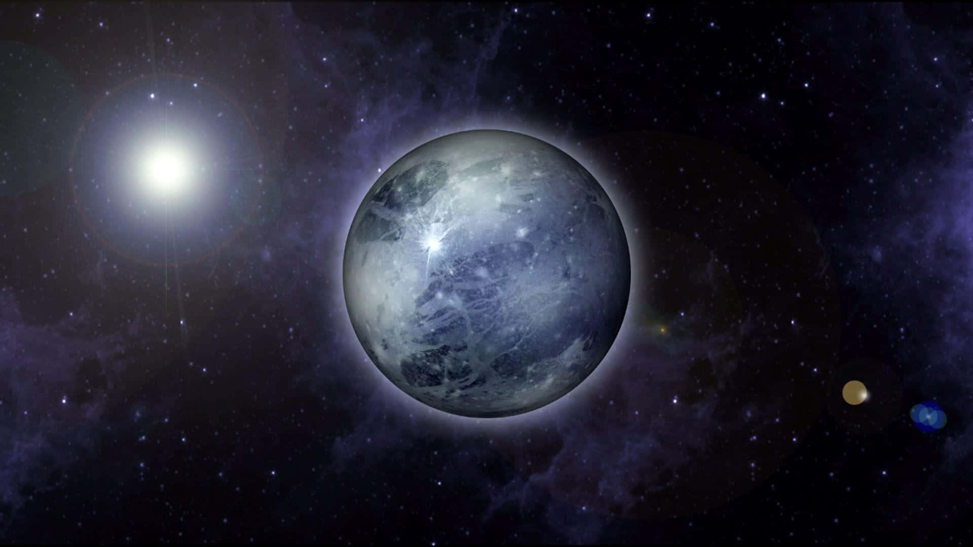一顆帶有旋轉雲層的藍色行星在星空宇宙場景中繞著一顆明亮的恆星運行。