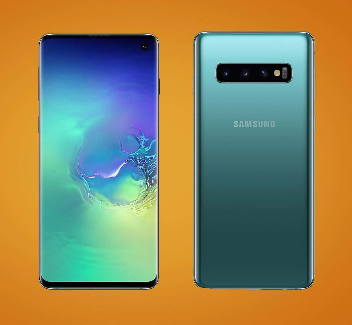 兩部 Samsung Galaxy S10 智能手機在橙色背景上顯示正面和背面。