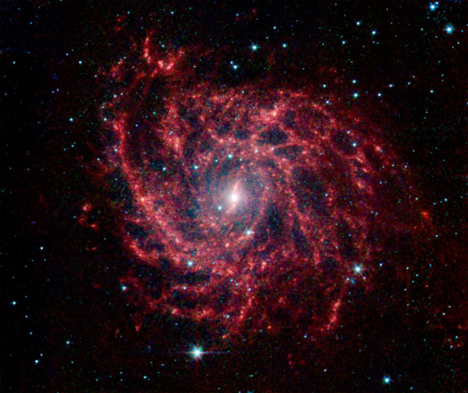 在黑暗的宇宙場域中，一個帶有明亮恆星的紅色螺旋星系。