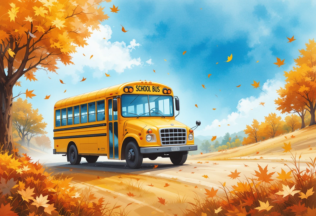 返校季花卉背景 壁紙 — 一輛經典的黃色校車沿著蜿蜒的秋季道路行駛，周圍環繞著充滿活力的橙色楓樹和落葉，在明亮的藍天下。