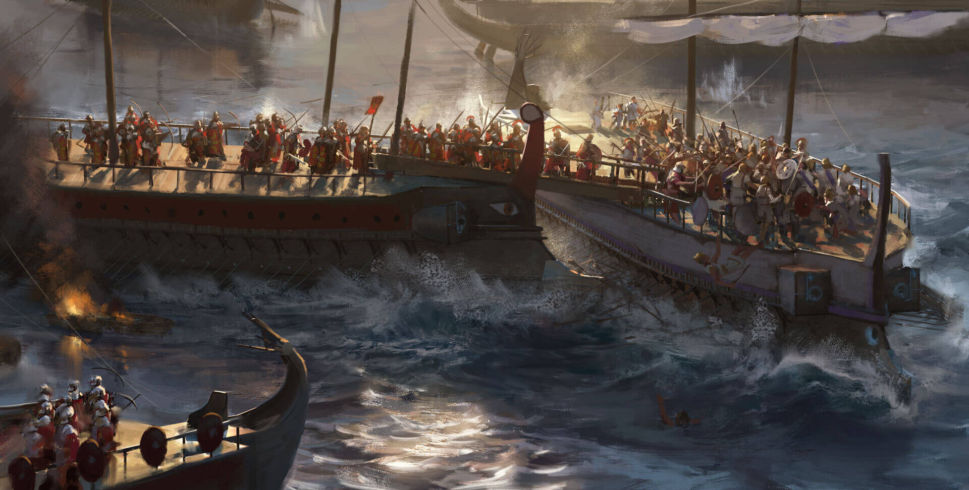 古代戰艦在波濤洶湧的大海中發生混亂的海戰，士兵們在戰鬥。