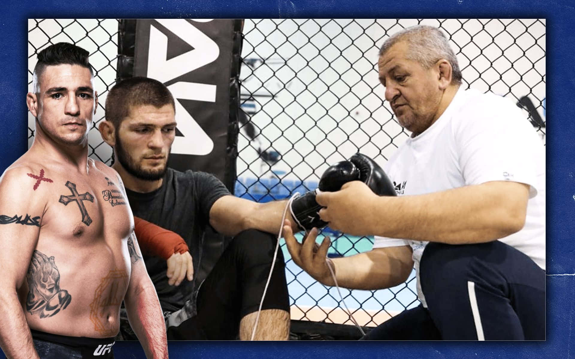 兩名戰士和一名教練在籠內進行MMA訓練。