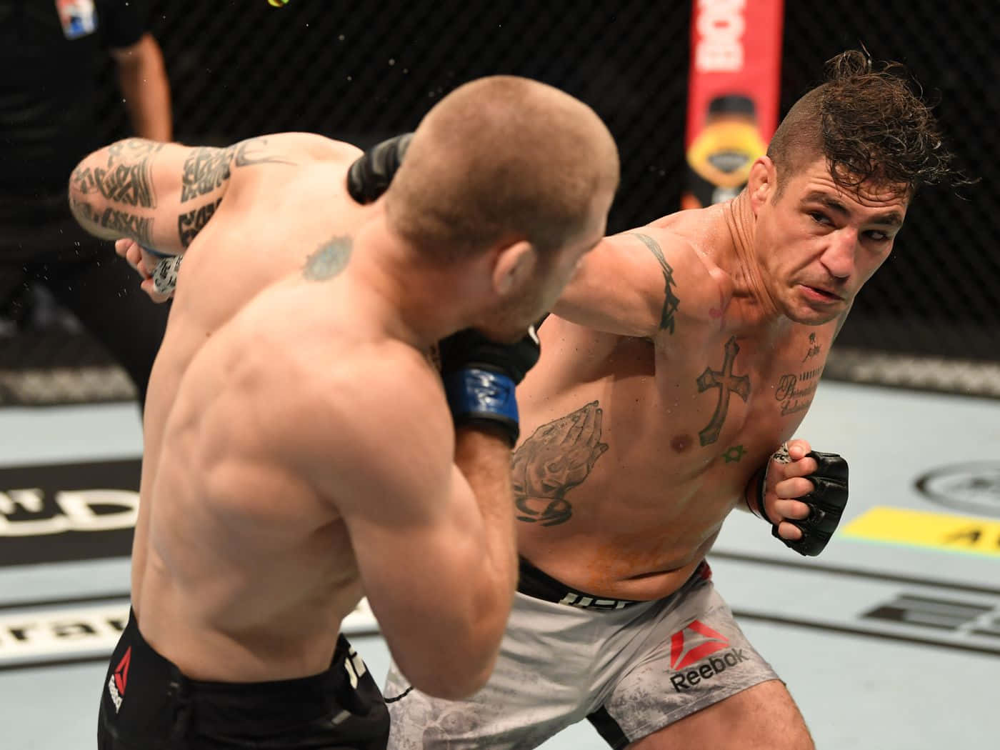 兩名戴著MMA手套的男性拳手在八角形鐵籠內互相出拳。