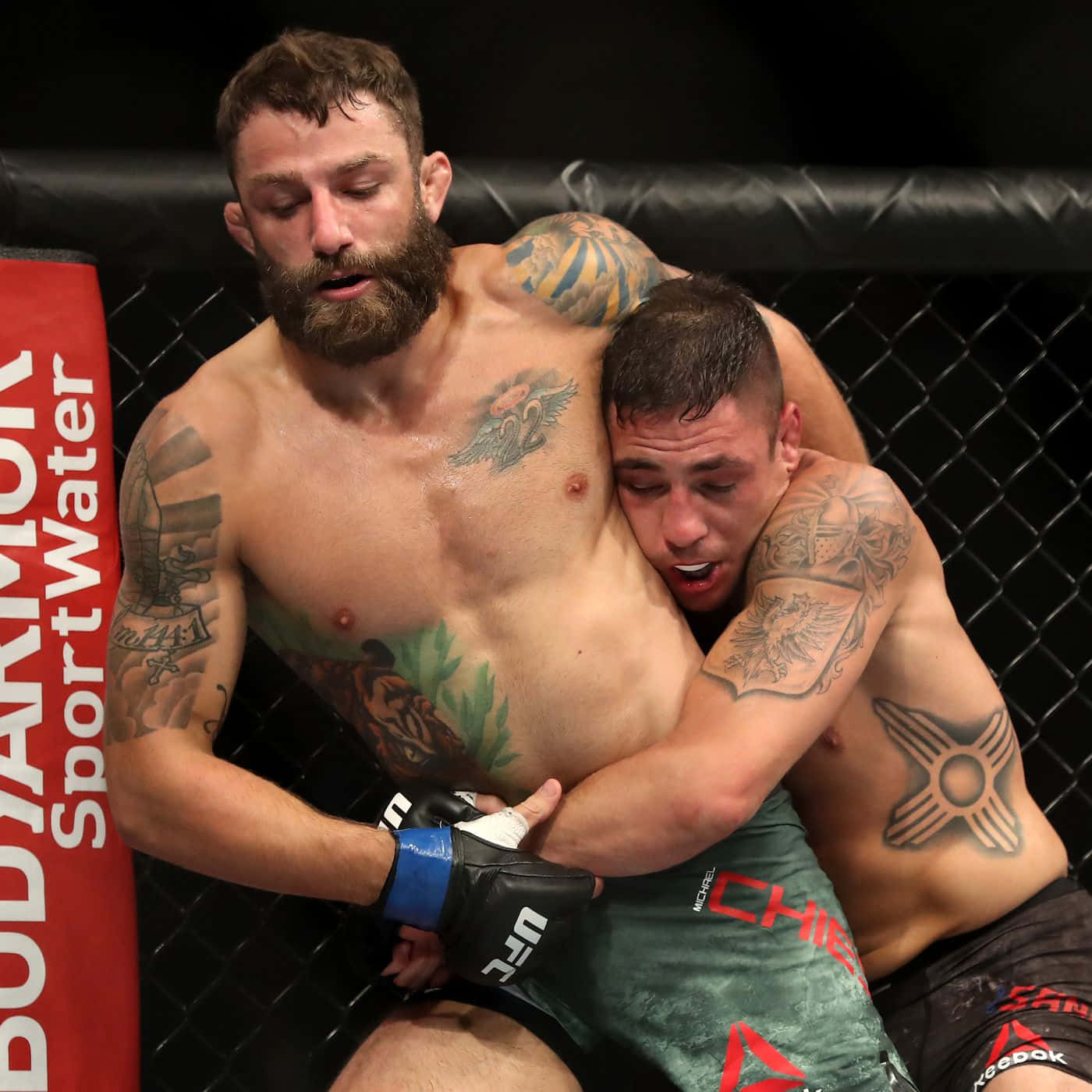 兩名男性MMA拳手在鐵籠內進行寢技纏鬥。