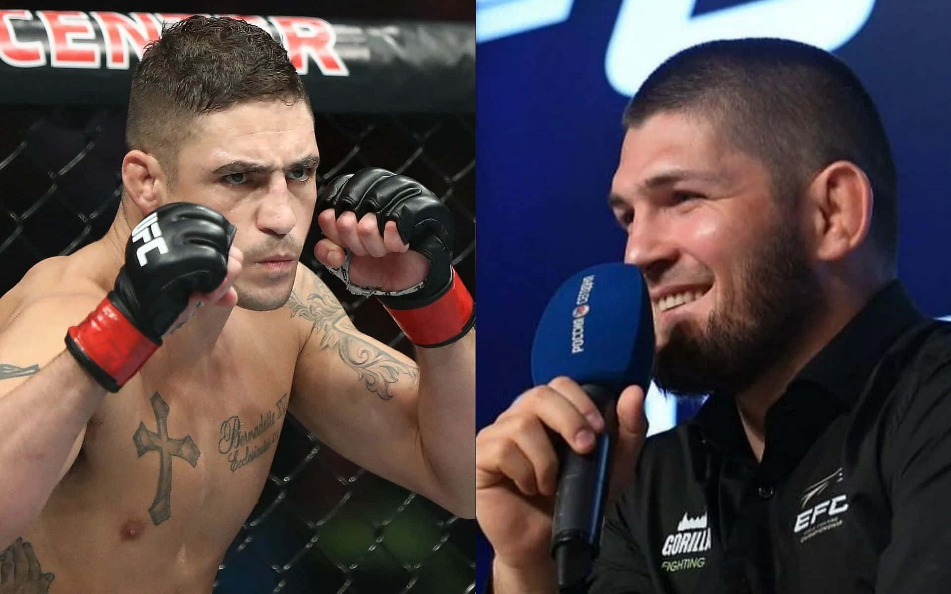 兩名男性MMA拳手，一名擺出戰鬥姿勢，另一名在記者會上微笑。