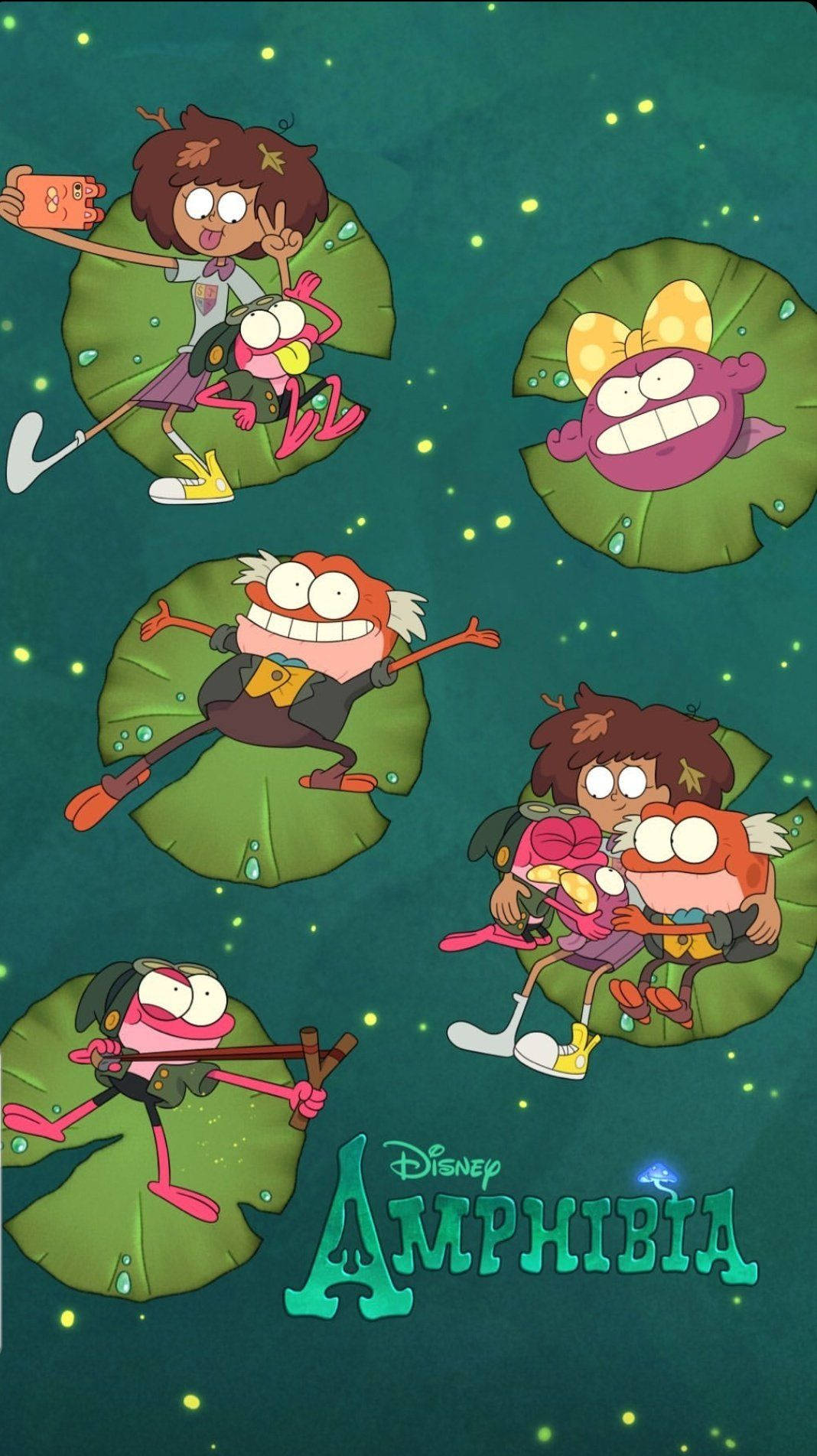 《Amphibia》卡通角色在發光的水中睡蓮上。