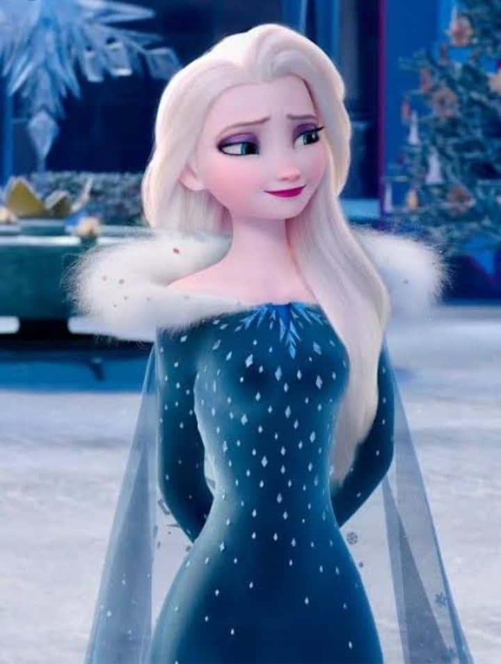 冰雪奇緣的艾莎穿著冰裙站在雪白的宮殿中。