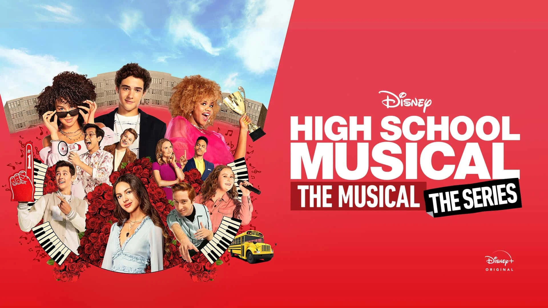 High School Musical 桌布 壁紙 — 迪士尼《歌舞青春：再戰樂壇》充滿活力的宣傳海報，多元化的青少年演員從紅玫瑰中迸發出來，背景是明亮的藍天。