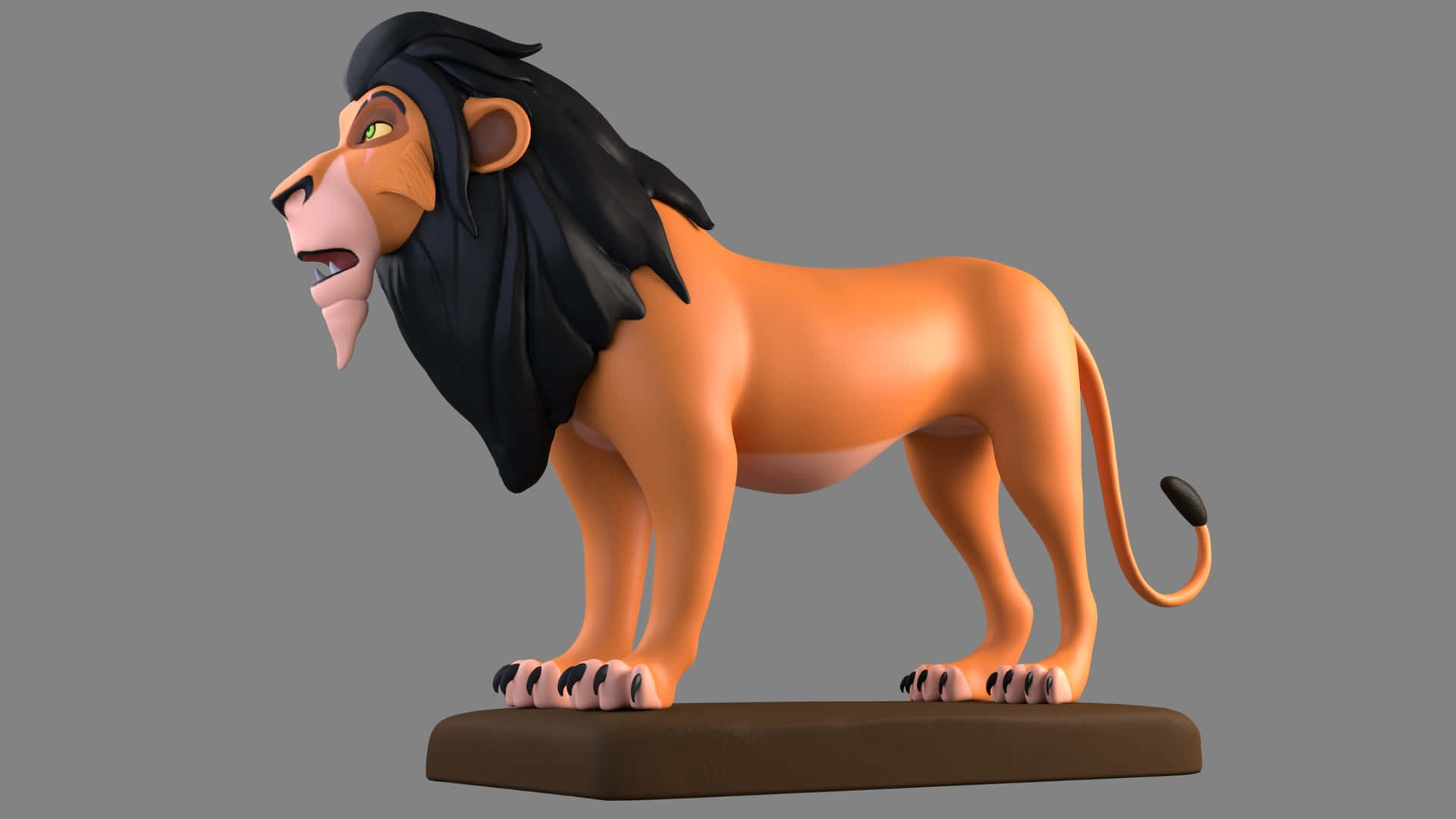 迪士尼《獅子王》中的反派獅子——刀疤 壁紙 — 一個風格化的3D渲染獅子雕像，擁有黑色鬃毛和橙色毛髮，自豪地站在棕色底座上，背景為純灰色。