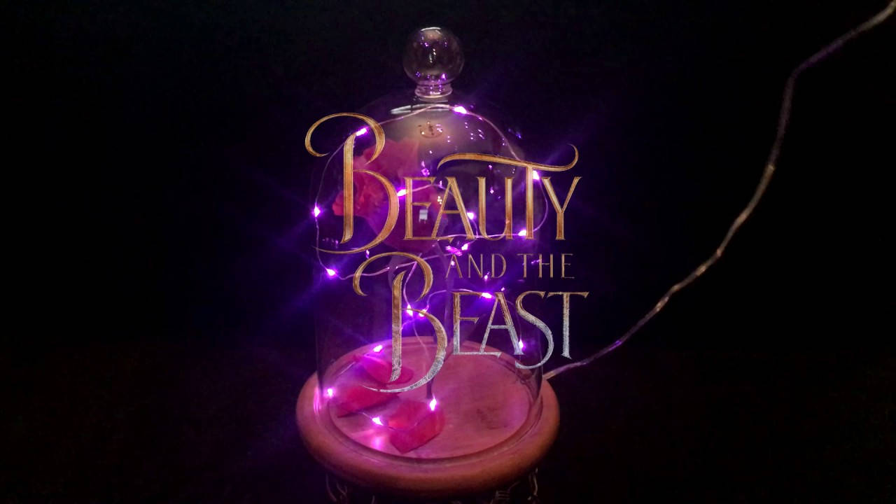 玻璃罩內有紫色仙女燈和金色字體的 Beauty and the Beast 標題。 — 美女與野獸 GIF 壁紙