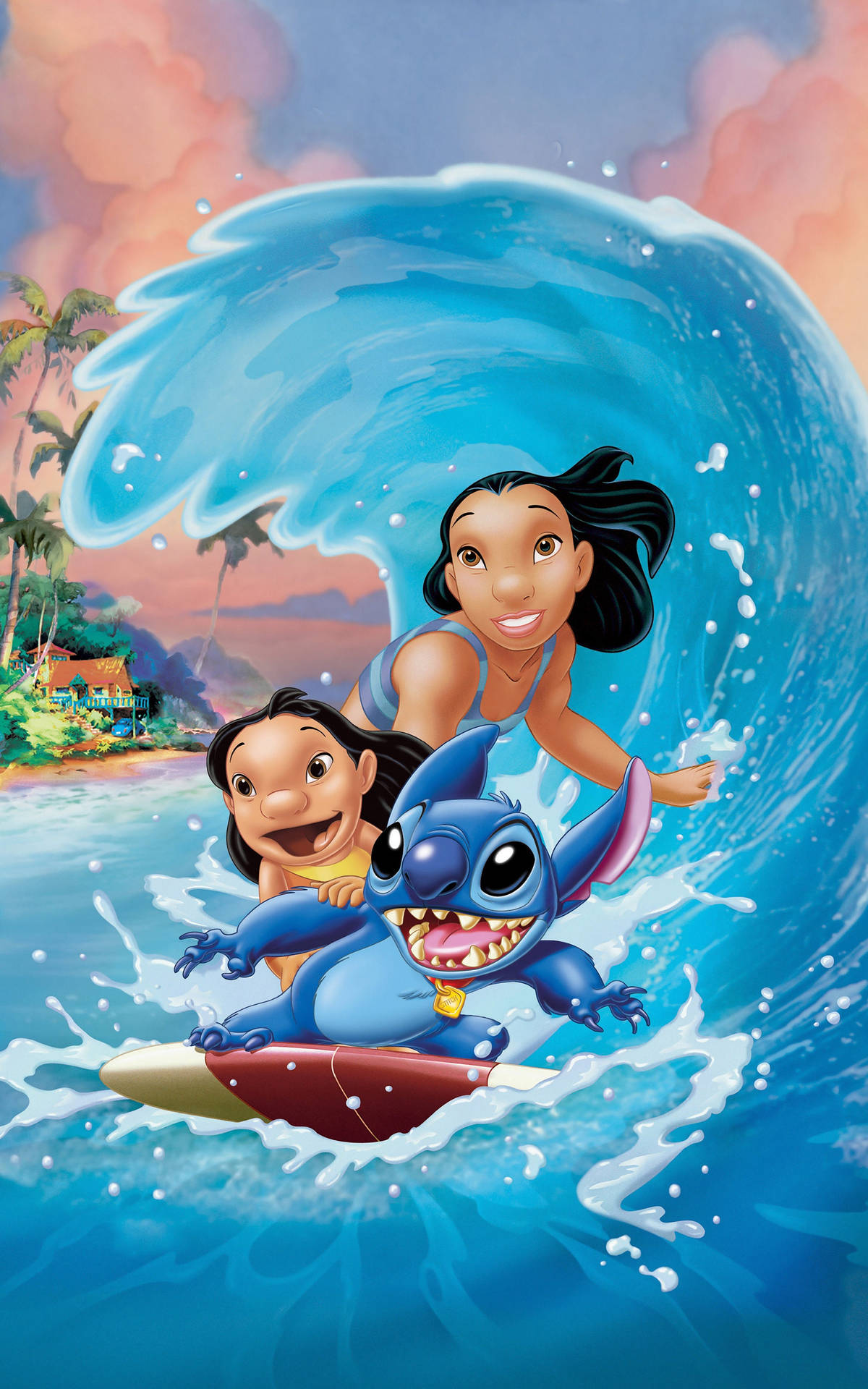 Lilo 和 Stitch 正在衝浪，背後是熱帶日落。