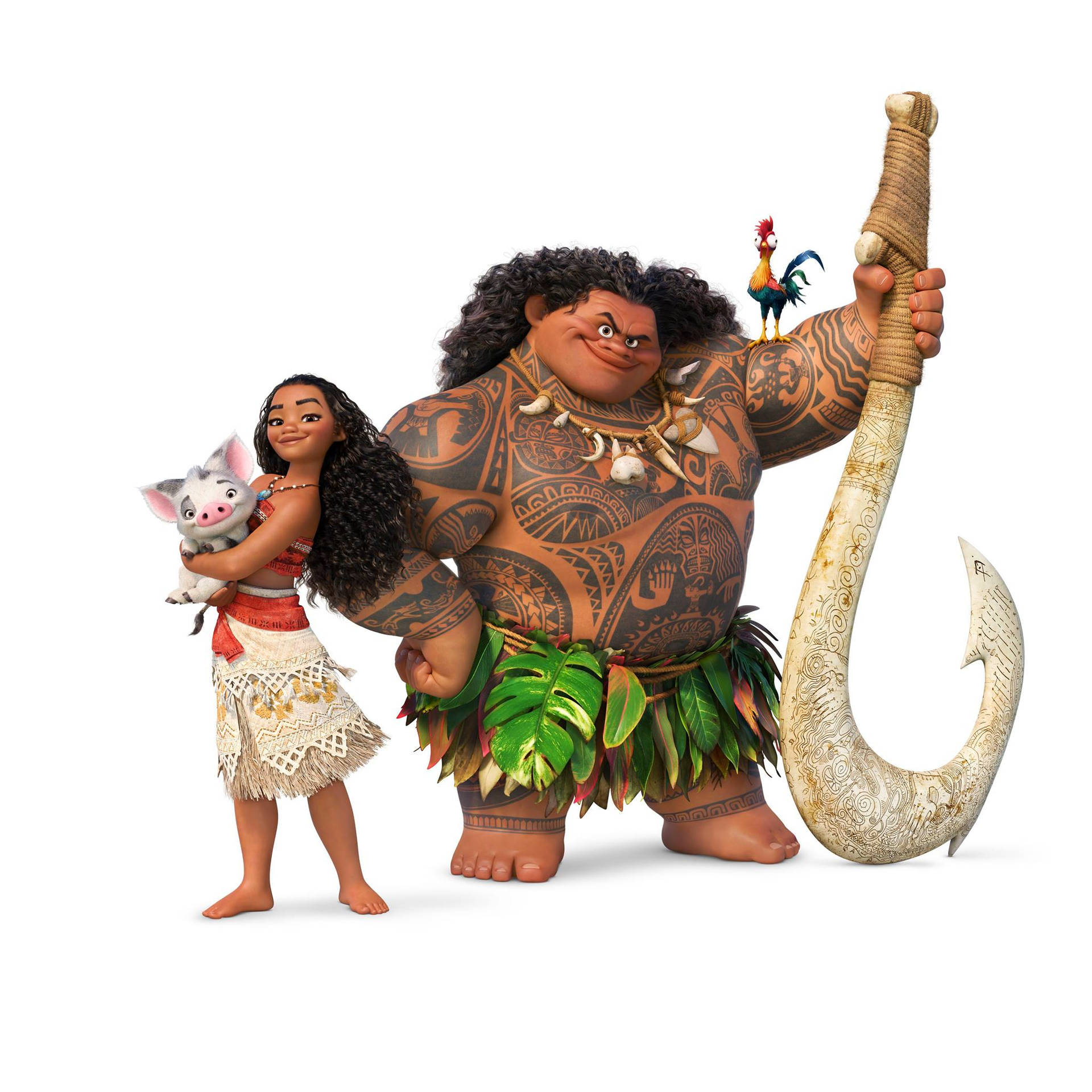 Moana 抱著一隻豬，而 Maui 站在她旁邊，拿著他的大鉤子，肩膀上有一隻公雞。