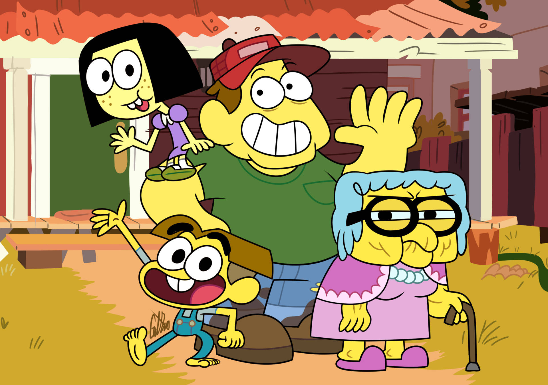 迪士尼XD《Big City Greens》 壁紙 — 一個快樂的卡通四人家庭喺一間有紅色屋頂同門廊嘅屋外面開心咁擺姿勢。