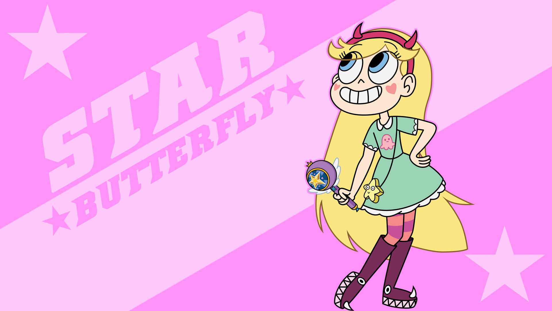 迪士尼XD《星蝶公主》 壁紙 — Star Butterfly 自信地站在充滿活力的粉紅色背景上，手持魔杖，周圍有星星和文字。